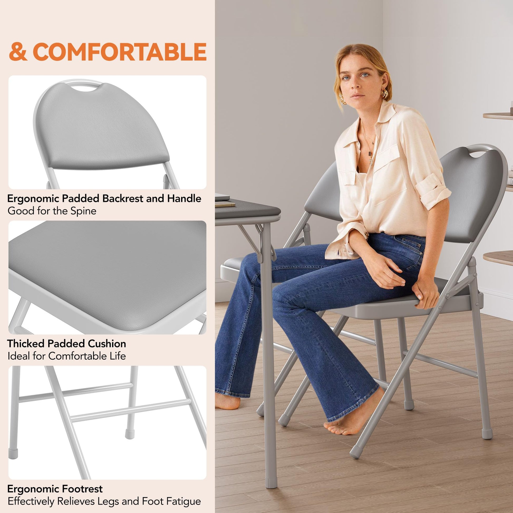 Garvee 4 Pack Folding Chairs, Portable Metal Frame Padded Folding Chair, Foldable Chairs with PU Leather Cushion and Back for Guests Kitchen Office Events Wedding Party, Grey