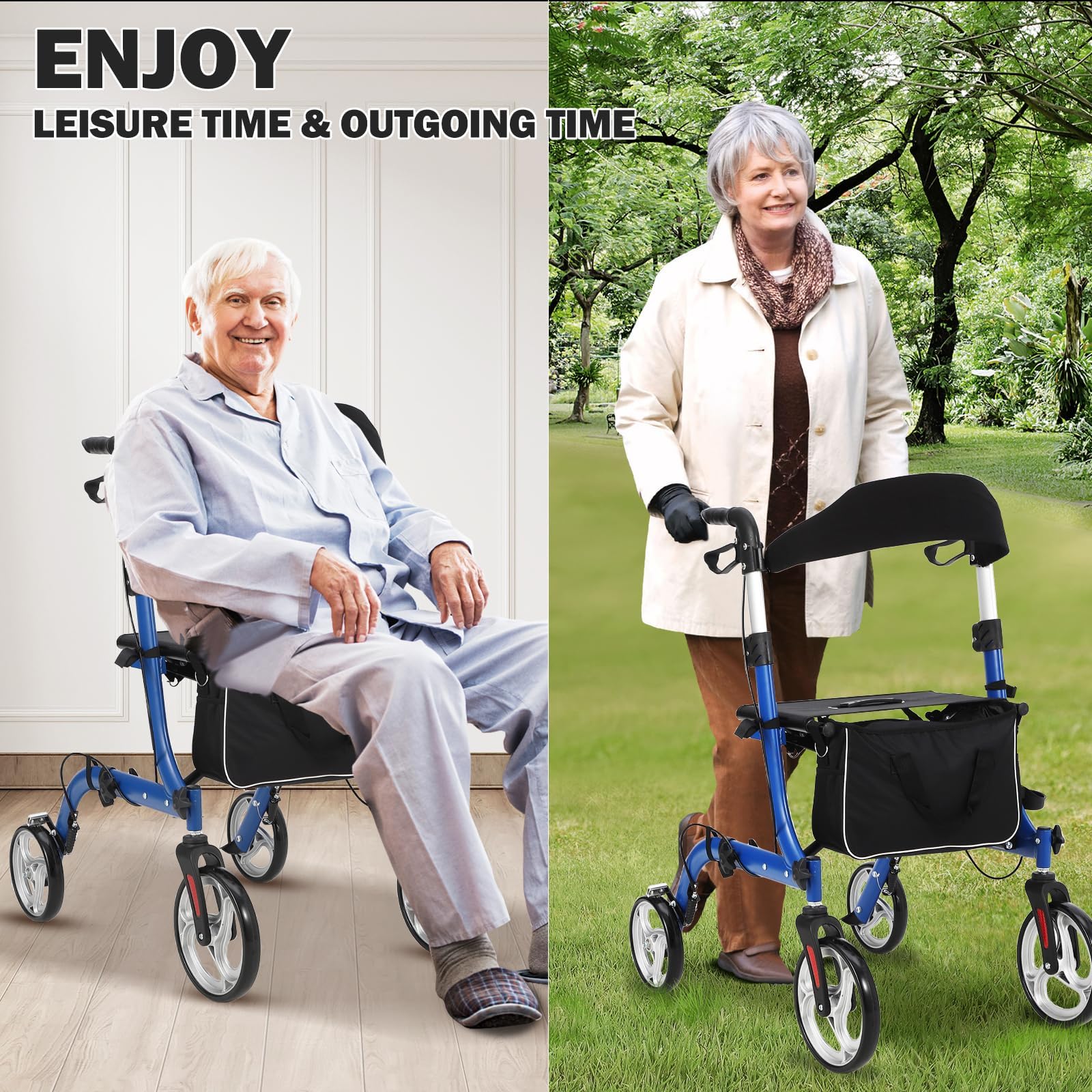 Garvee 2-in-1 Folding Walker & Transport Chair, 300lbs Capacity All-Terrain Rollator with Dual Brake System & Storage Bag, Lightweight Aluminum Frame for Seniors, Shopping, Outdoor Usea