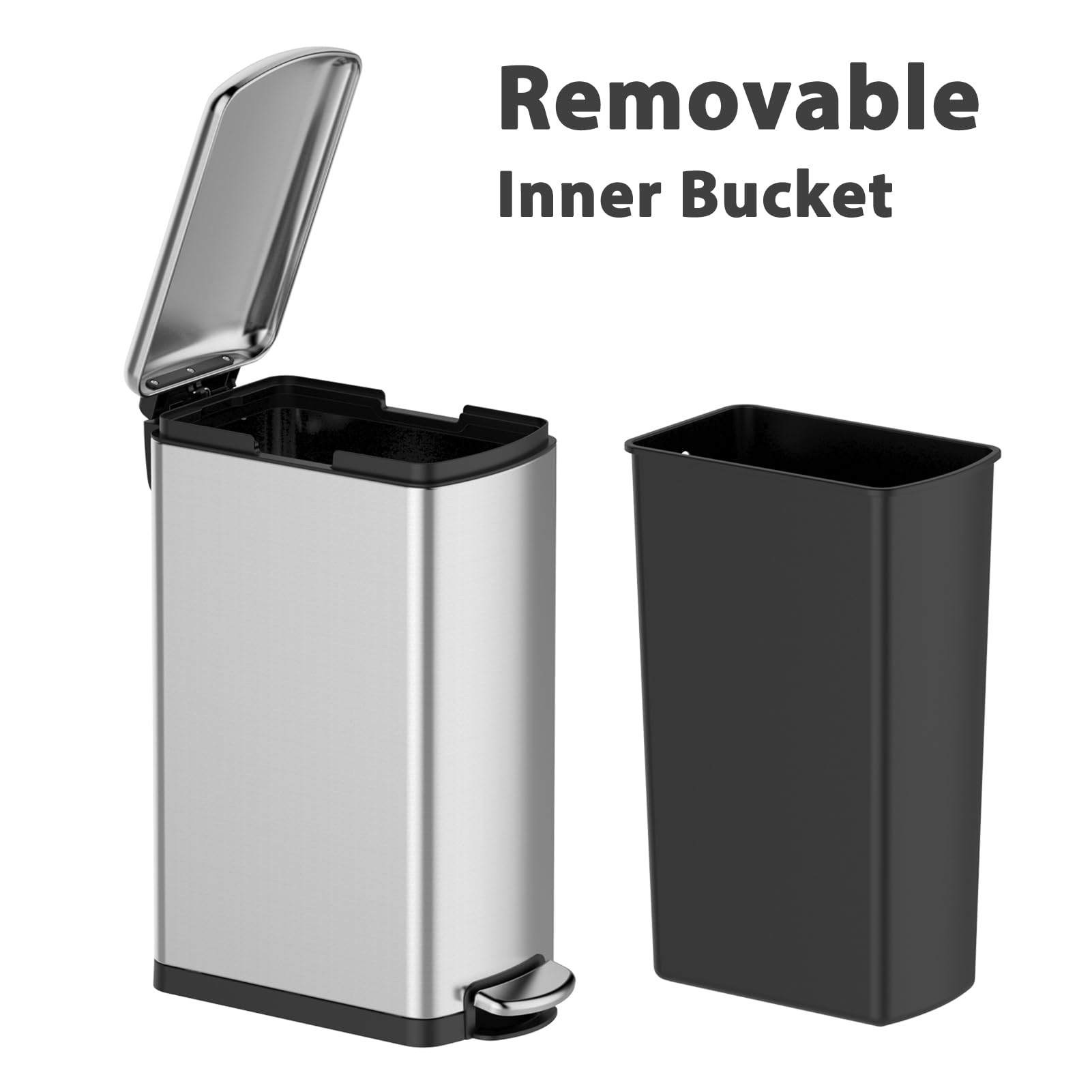 Trash Can Set, 7.9 Gallon & 1.6 Gallon Rectangular Kitchen Waste Bins, Stainless Steel with Soft-Close Lid & Step-On Pedal, 30L & 6L for Kitchen & Bathroom