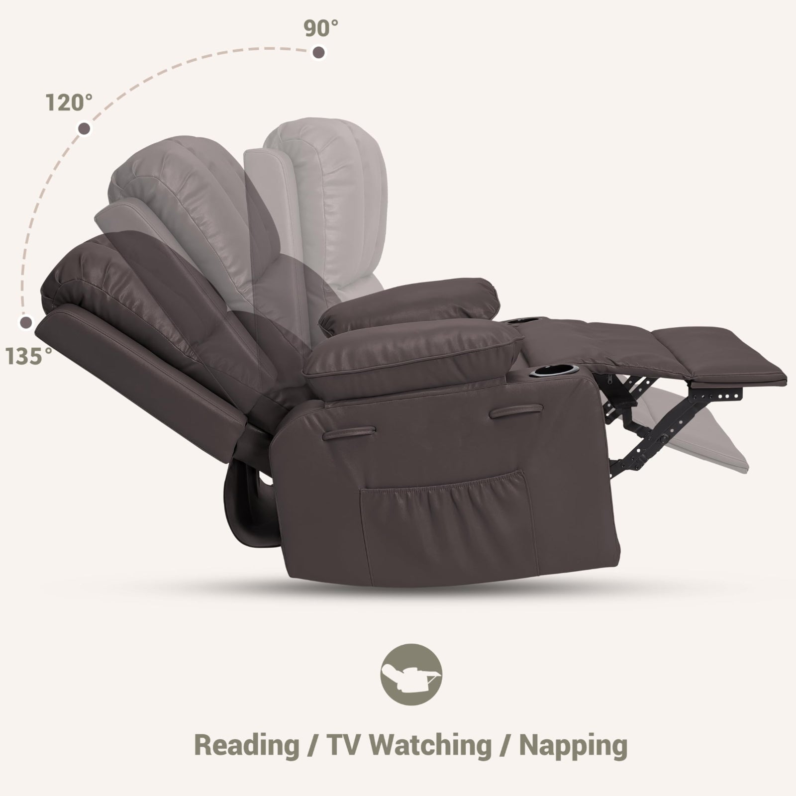 Garvee 22" Widen Rocker Swivel Recliner Chair, Lazy Boy Recliner for Adults, with 1.5X Sponge Filling, Side Pocket, and Cup Holder, for Living Room, Bedroom, and Nursery, Coffee