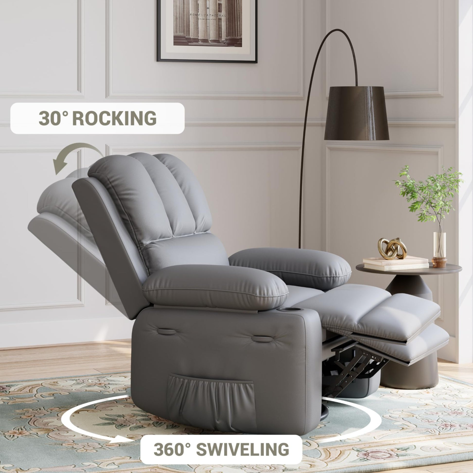Garvee 22" Widen Rocker Swivel Recliner Chair, Lazy Boy Recliner for Adults, with 1.5X Sponge Filling, Side Pocket, and Cup Holder, for Living Room, Bedroom, and Nursery, Grey