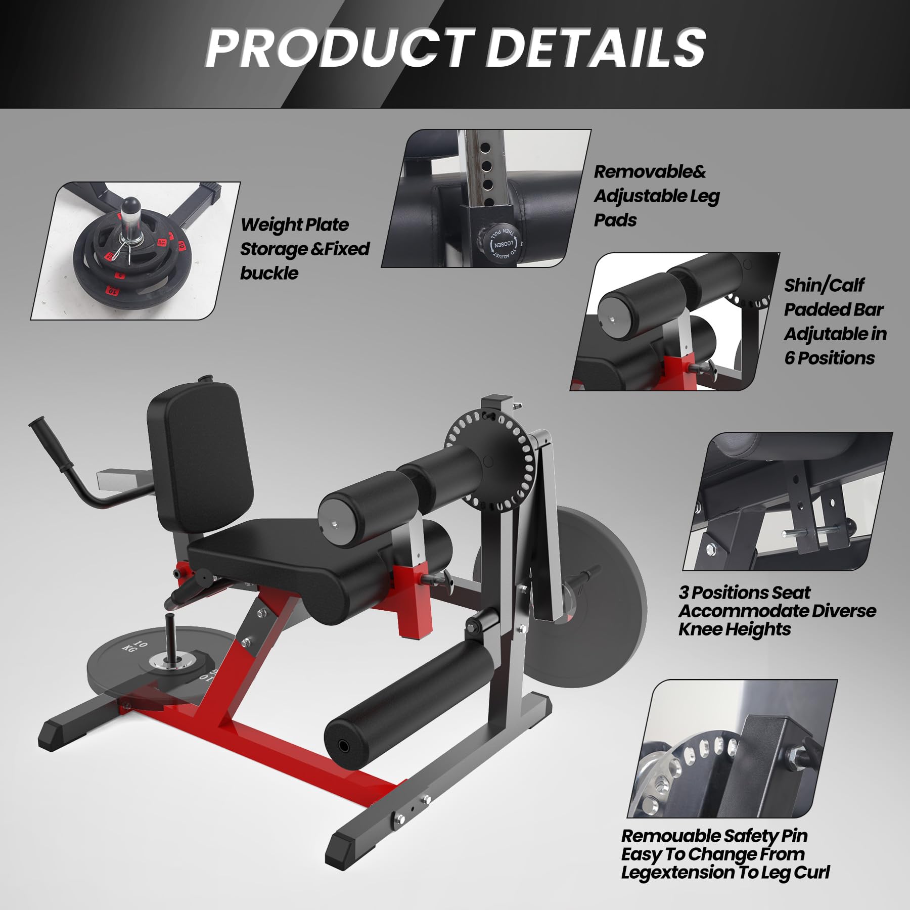 Garvee 4-in-1 Leg Extension and Curl Machine, Adjustable Leg Press Machine for Lower Body Workouts, Multi-Function Heavy-Duty Leg Extension Bench with Plate Loaded for Home Gym, Black and Red