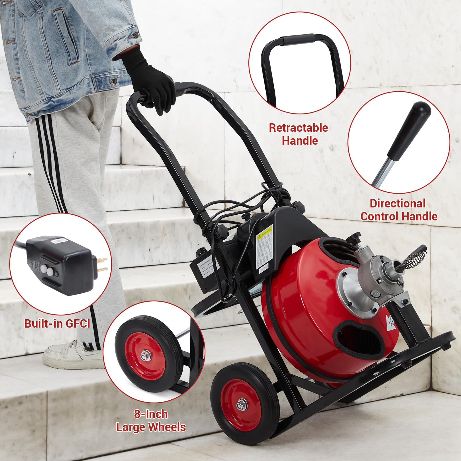 Garvee Auto Feed 75 FT x 1/2 Inch Drain Cleaner Machine with 370W Motor, Portable Sewer Snake Auger with 8 Cutters & Air-activated Foot Switch, Fits 1" to 4" Pipes, Black & Red