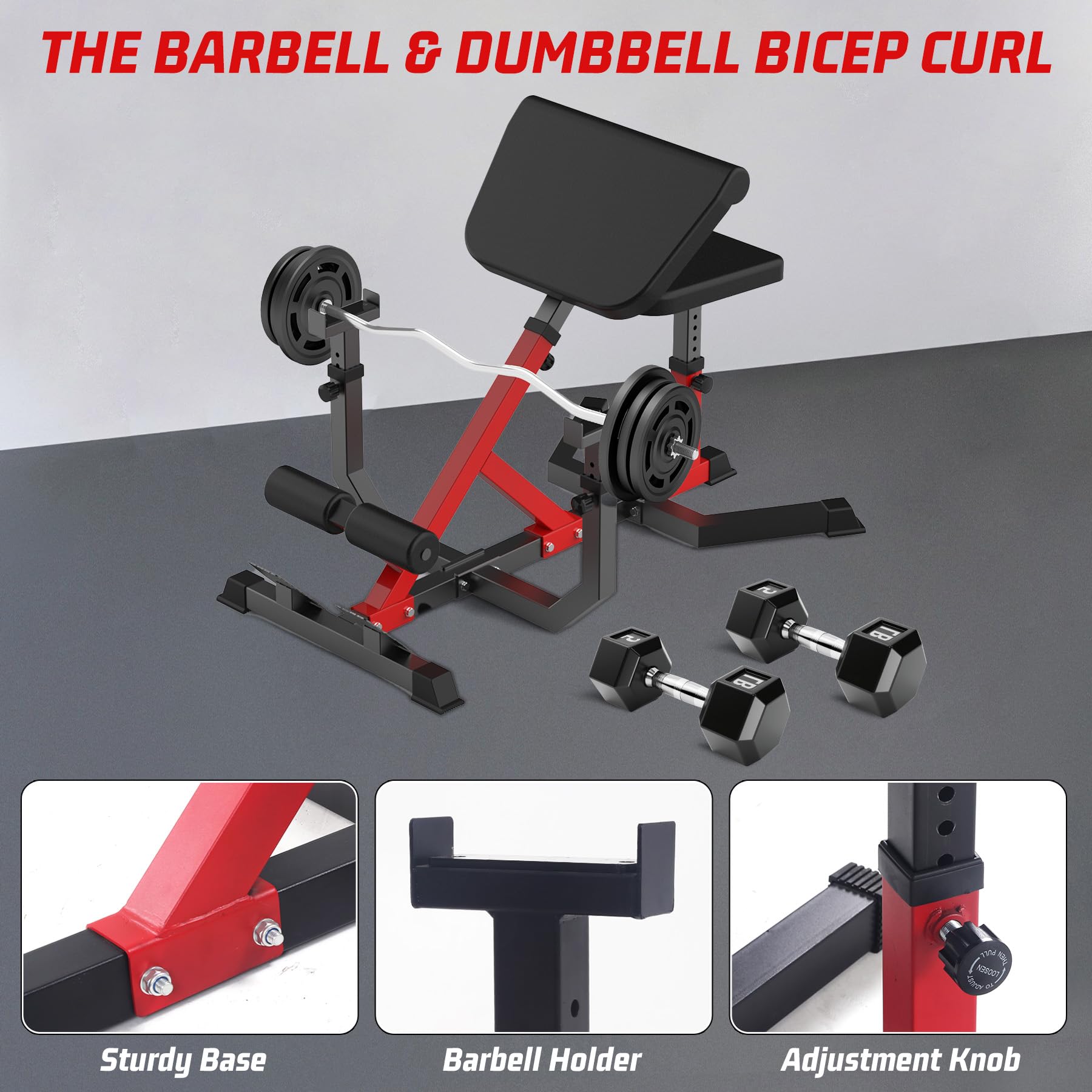 Garvee 2-In-1 Roman Chair & Preacher Curl Bench Multi-Function Heavy-Duty Hyperextension Bench for Home With Adjustable Height for Arms, Ab, Back, Glute & Leg Extension Exercise Equipment, Red