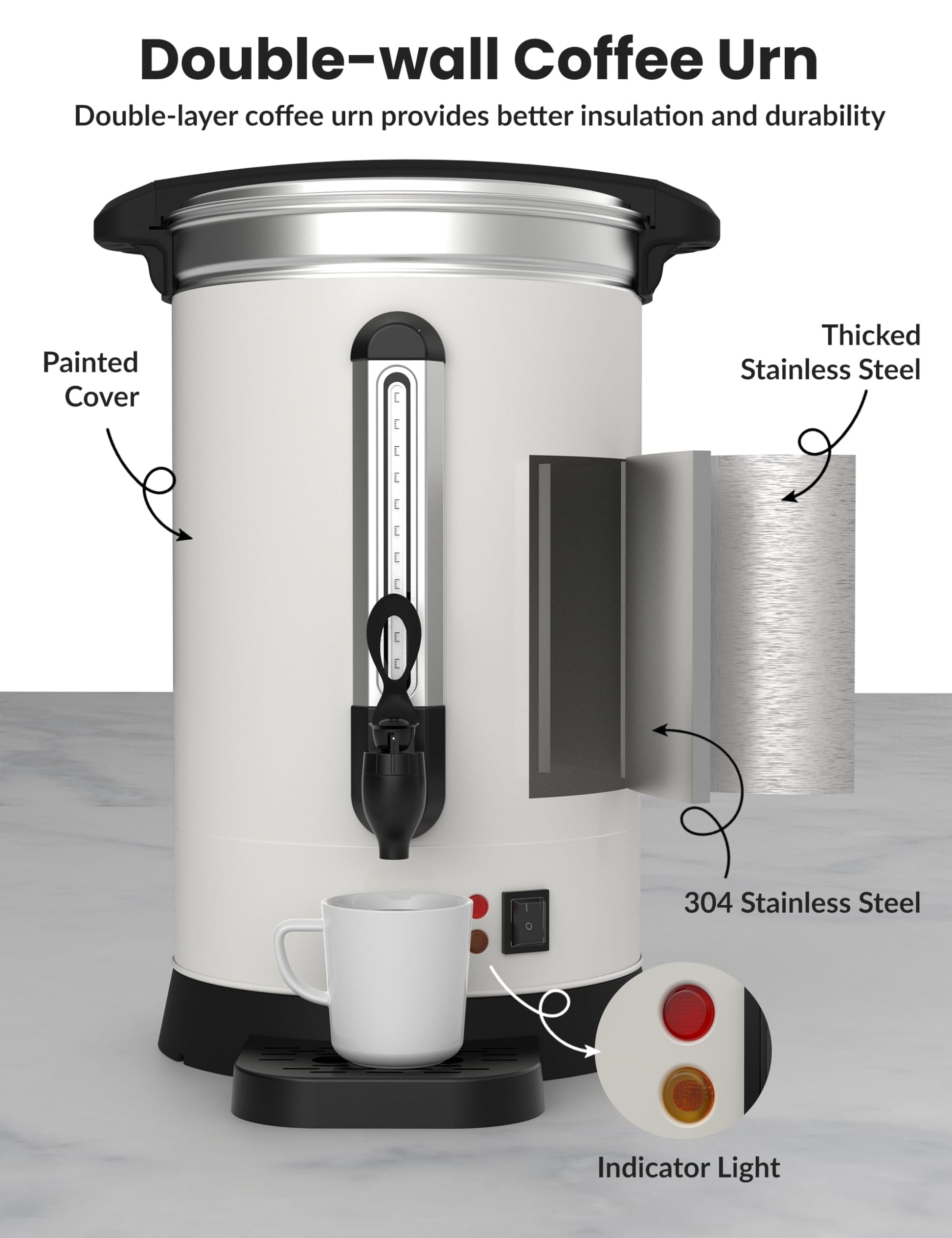 Garvee 120 Cups Coffee Urn,18L/4.8 Gallon Double Wall Commerical Coffee Maker for Buffet Catering Wedding Gathering,Large Capacity Hot Coffee Dispenser,Stainless Steel Hot Water Urn
