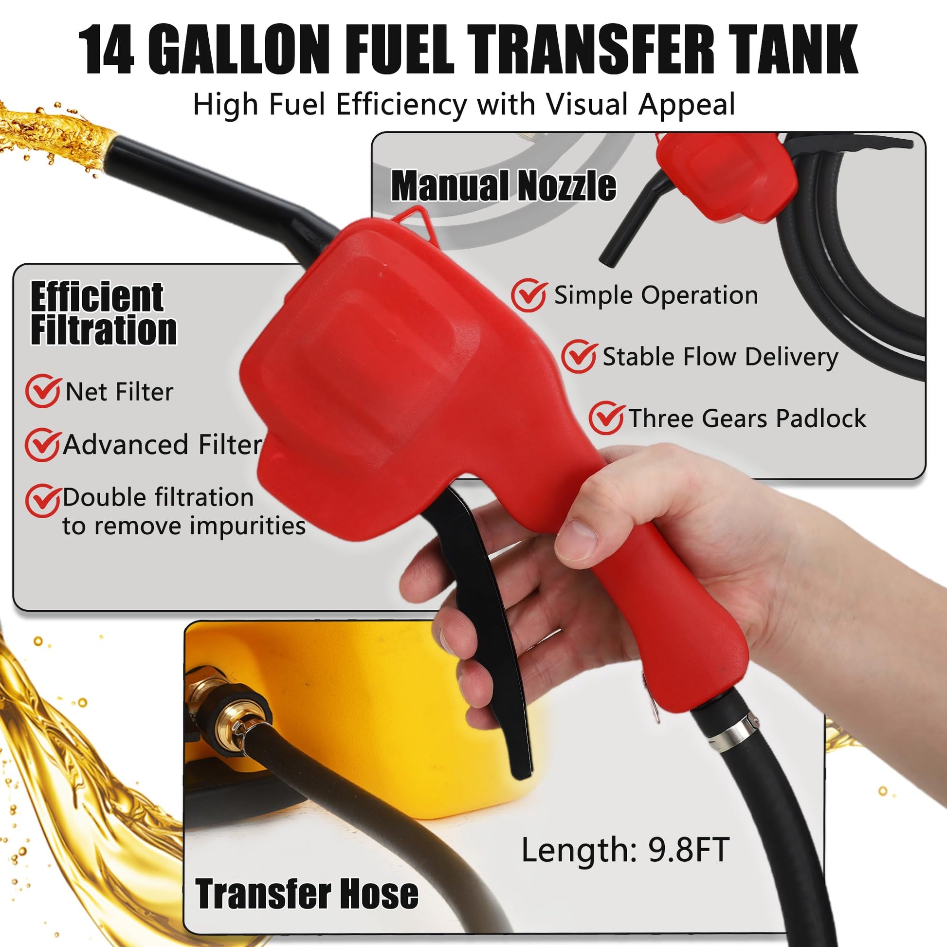 Garvee  14 Gallon Portable Fuel Caddy, Marine Gas Tank with I-Shaped Handle, and 10FT Hose, Perfect for Boats, Outboard Engines, Yachts, Fishing, Mowers, ATVs, Farm, and Home Use, Yellow