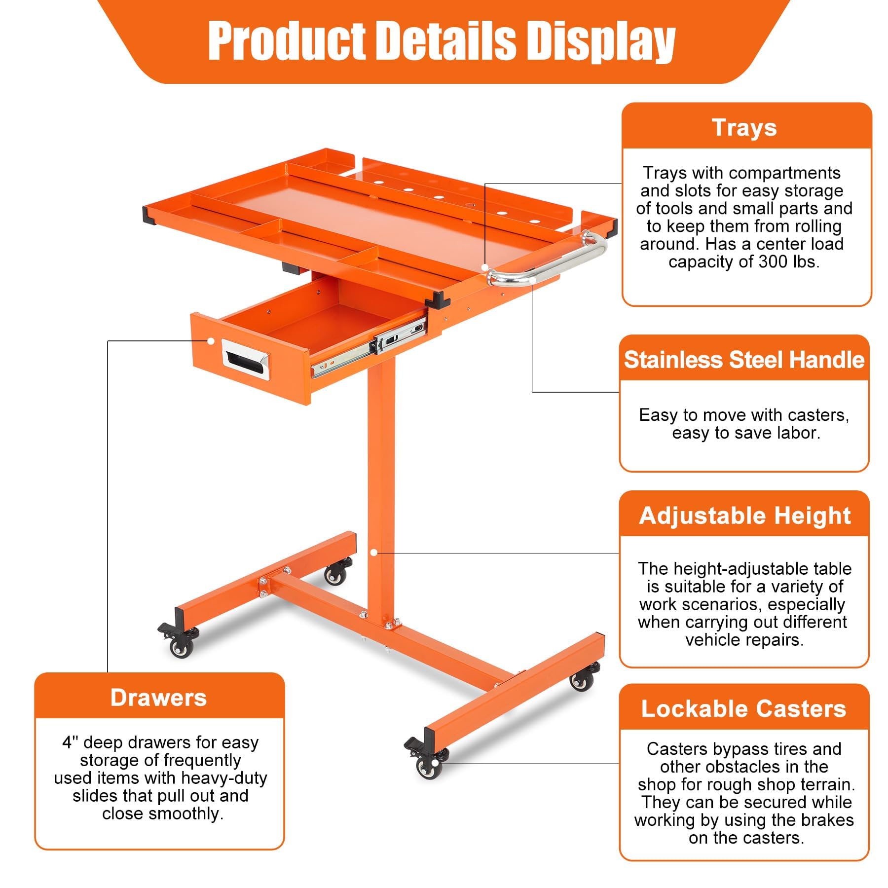 Garvee Heavy Duty Rolling Work Table, Adjustable Height Mobile Workbench, 35-45 Inch Steel Frame, for Garage, Repair Shops & DIY, Orange