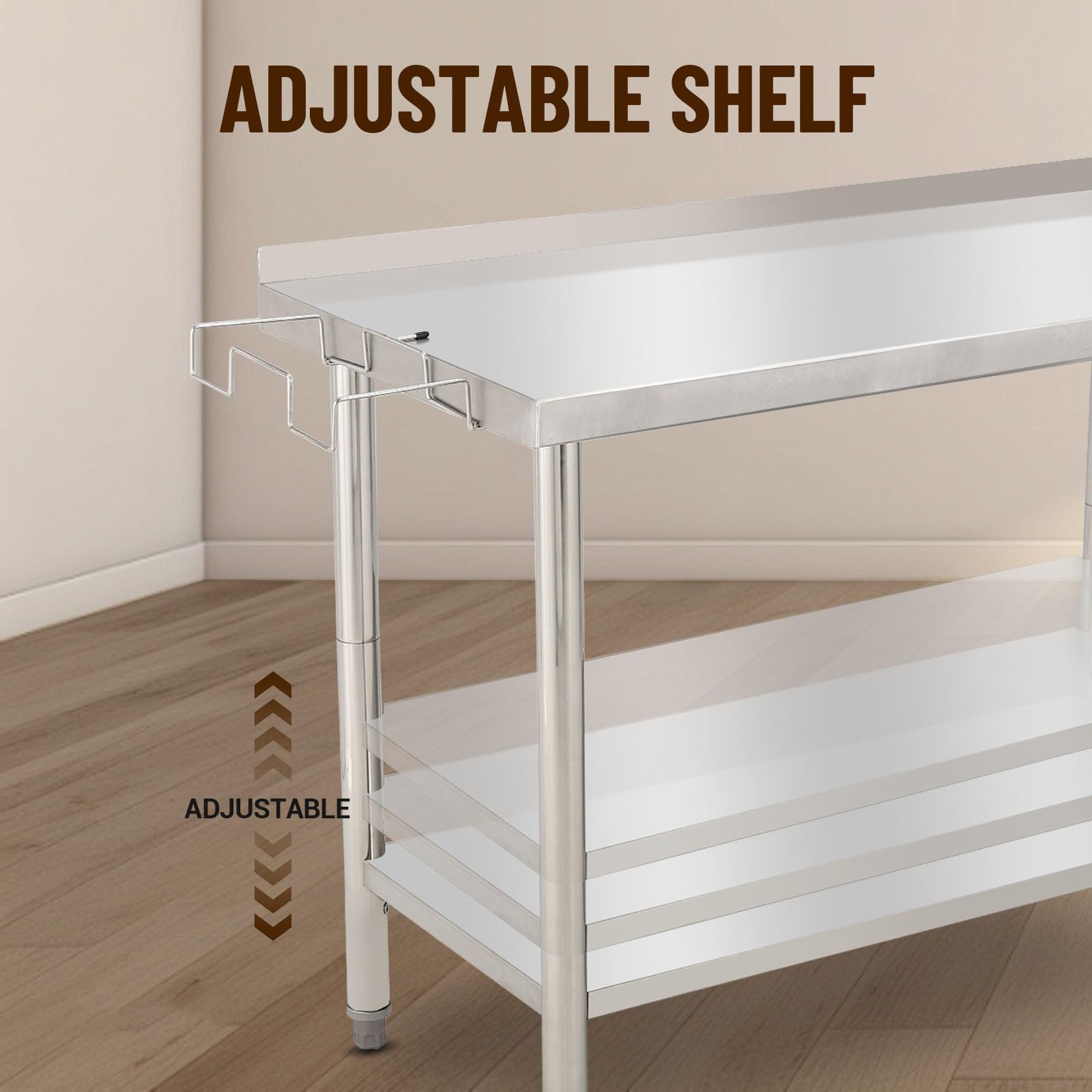 GARVEE 48"L x 24"W x 35"H Stainless Steel Work Table - Heavy-Duty Prep Table with Undershelf, Backsplash, and Garbage Rack for Kitchen and Commercial Use