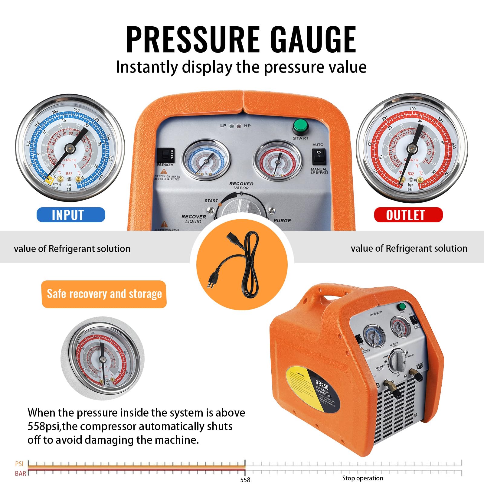 Garvee 120V Ac 60Hz 3/4 Horsepower Single Cylinder Portable Refrigerant Recovery Machine, Orange