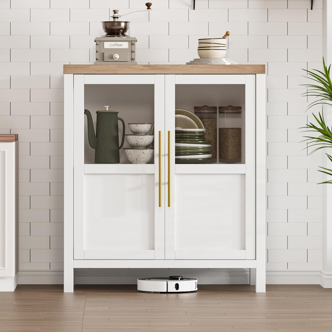 Garvee Sideboard Buffet Cabinet with 2 Glass Doors, 29" Large Buffet Cabinet with Storage, Modern Farmhouse Storage Cabinet Table for Kitchen Dining Room, Living Room (Glass with 2 Door, White)