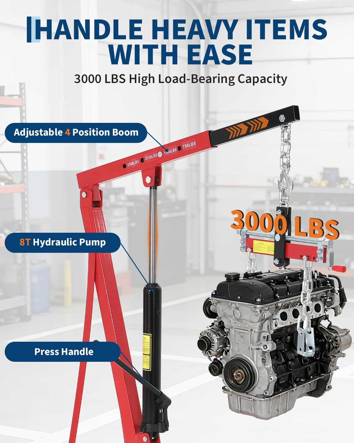 Garvee 3000 LBS Hydraulic Engine Hoist with Lever, 1.5-Ton Telescoping Boom Shop Crane with 4 Heavy-Duty Casters, Garage & Warehouse Cherry Picker for Automotive, Machinery, and Equipment Lifting, Red