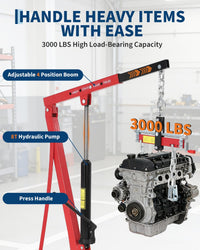 Garvee 3000 LBS Hydraulic Engine Hoist with Lever, 1.5-Ton Telescoping Boom Shop Crane with 4 Heavy-Duty Casters, Garage & Warehouse Cherry Picker for Automotive, Machinery, and Equipment Lifting, Red