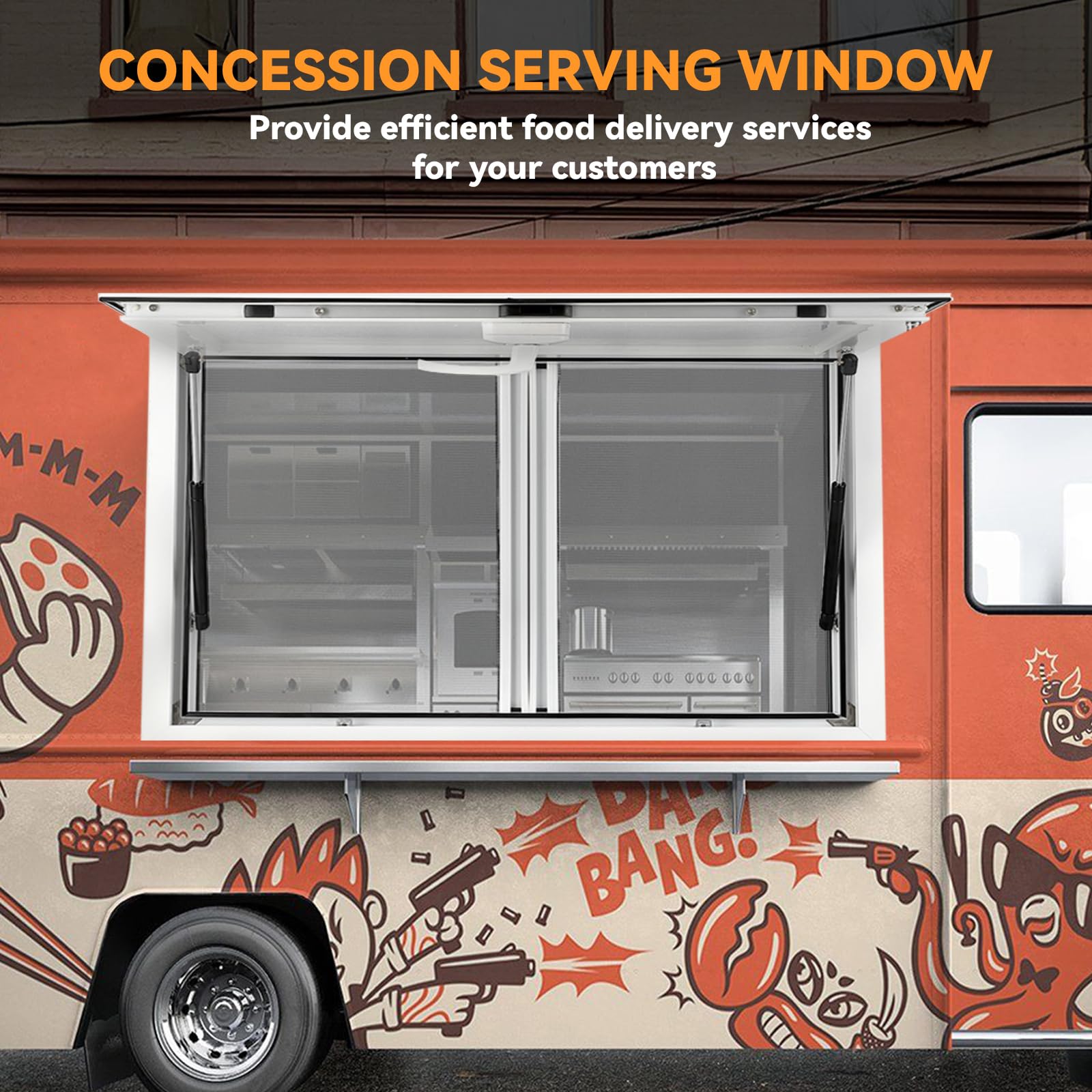 Garvee Concession Window 53" W x 33" H, Food Truck Service Window with 2 Horizontal Sliding Screen Windows & Awning Door, Aluminum Alloy Serving Window for Food Trucks  (Glass Not Included)