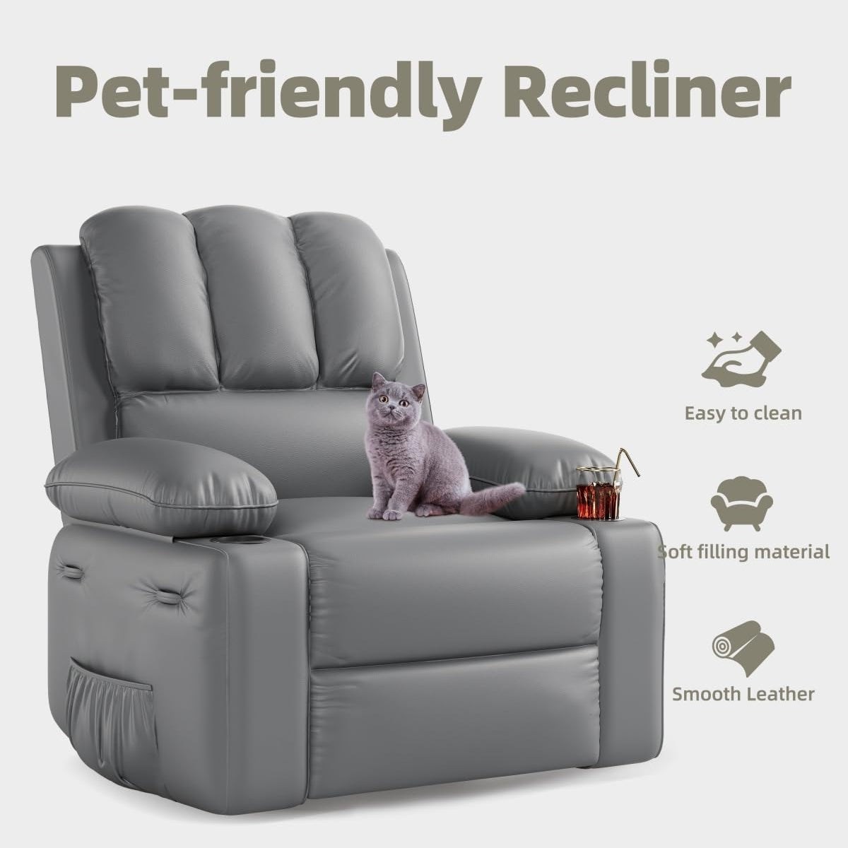 Garvee Oversized 27" Recliner Chairs with Heat and Massage, 360° Swivel Lazy Boy Recliner Chair for Adults, Manual Rocking Chair with Cup Holder for Living Rooms, Bedrooms and Nurseries, Gray