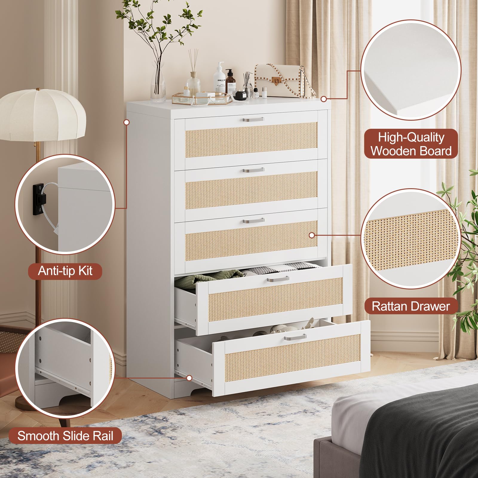 Garvee 5 Drawer Dresser Rattan Dresser, Tall Chest of Drawers, Wood Dresser for Bedroom, Closet, Living Room, Hallway