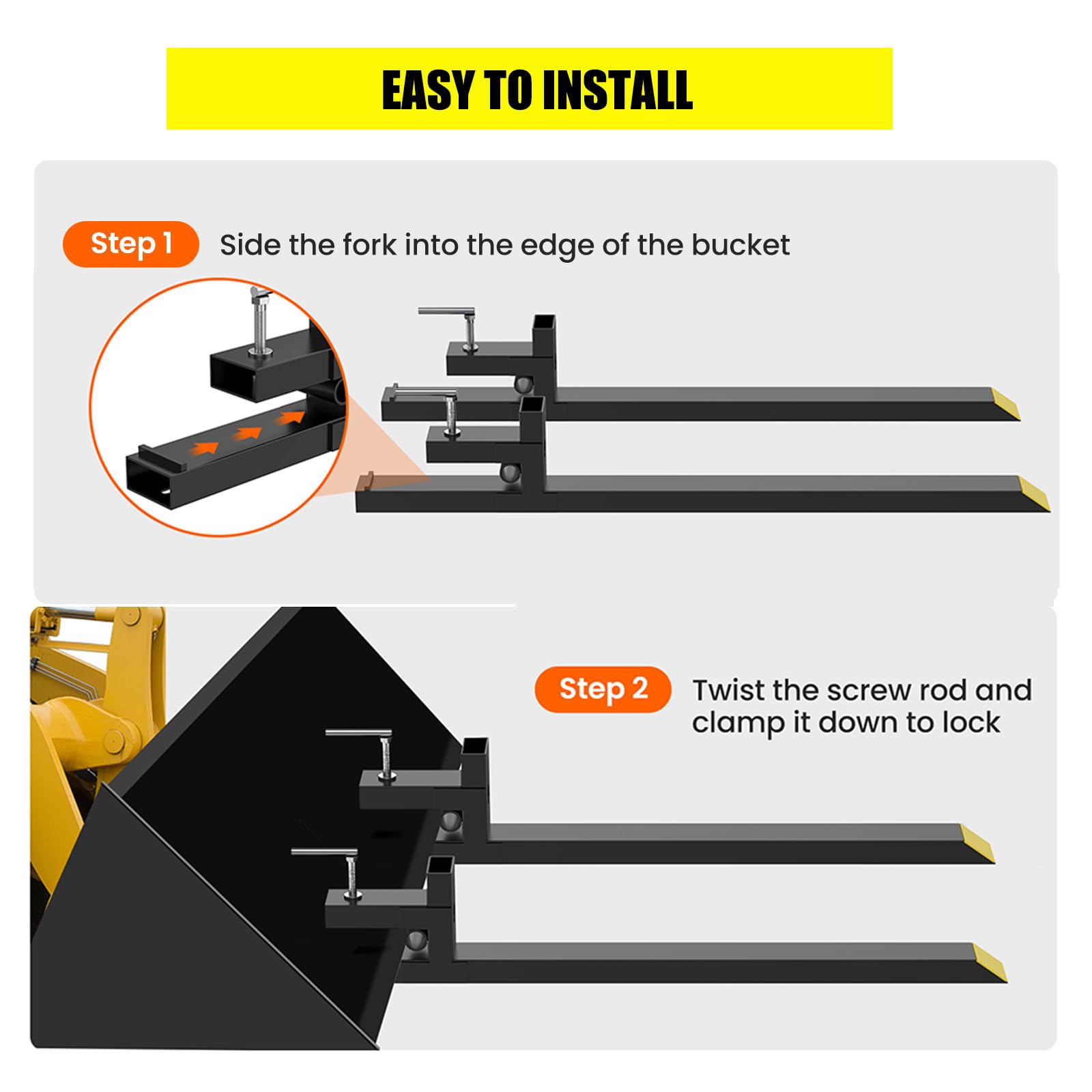 Garvee 60" 1500lbs Clamp on Pallet Forks, Heavy Duty Fork Rack for Loader Bucket Skid Steer Tractor Without Stabilizer Bar
