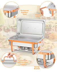 Garvee Chafing Dish for Buffet Set, 6 Packs 8 Qt Chafers and Buffet Warmers Sets with Folding Frame, Spoon & Tweezer for Weddings Parties Banquets Catering Events, Rose Gold
