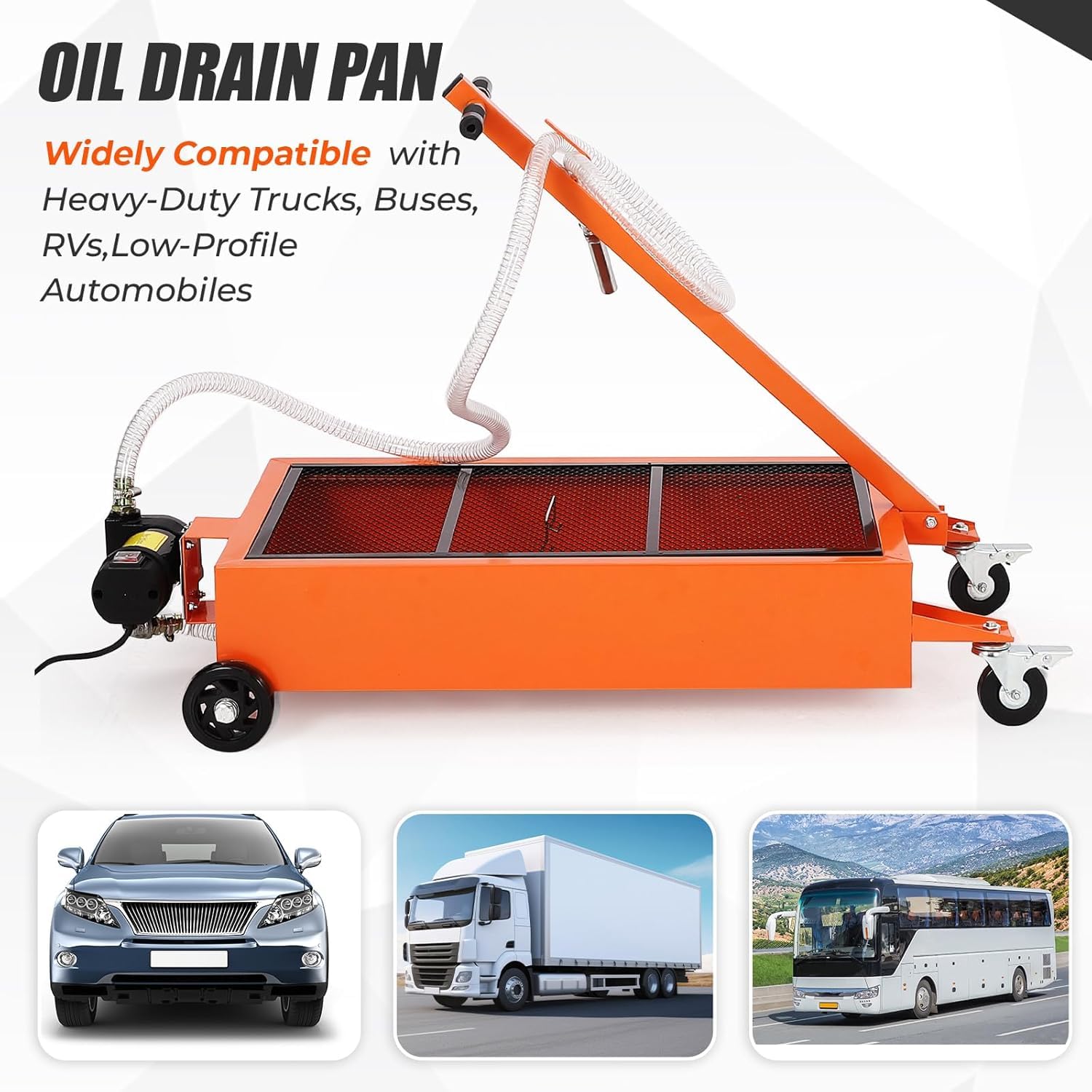 Garvee Waste Oil Drain Pan 17 Gallon Capacity Electric Pump Steel Low Profile Folding Handle 8 Ft Hose for Trucks RVs Buses