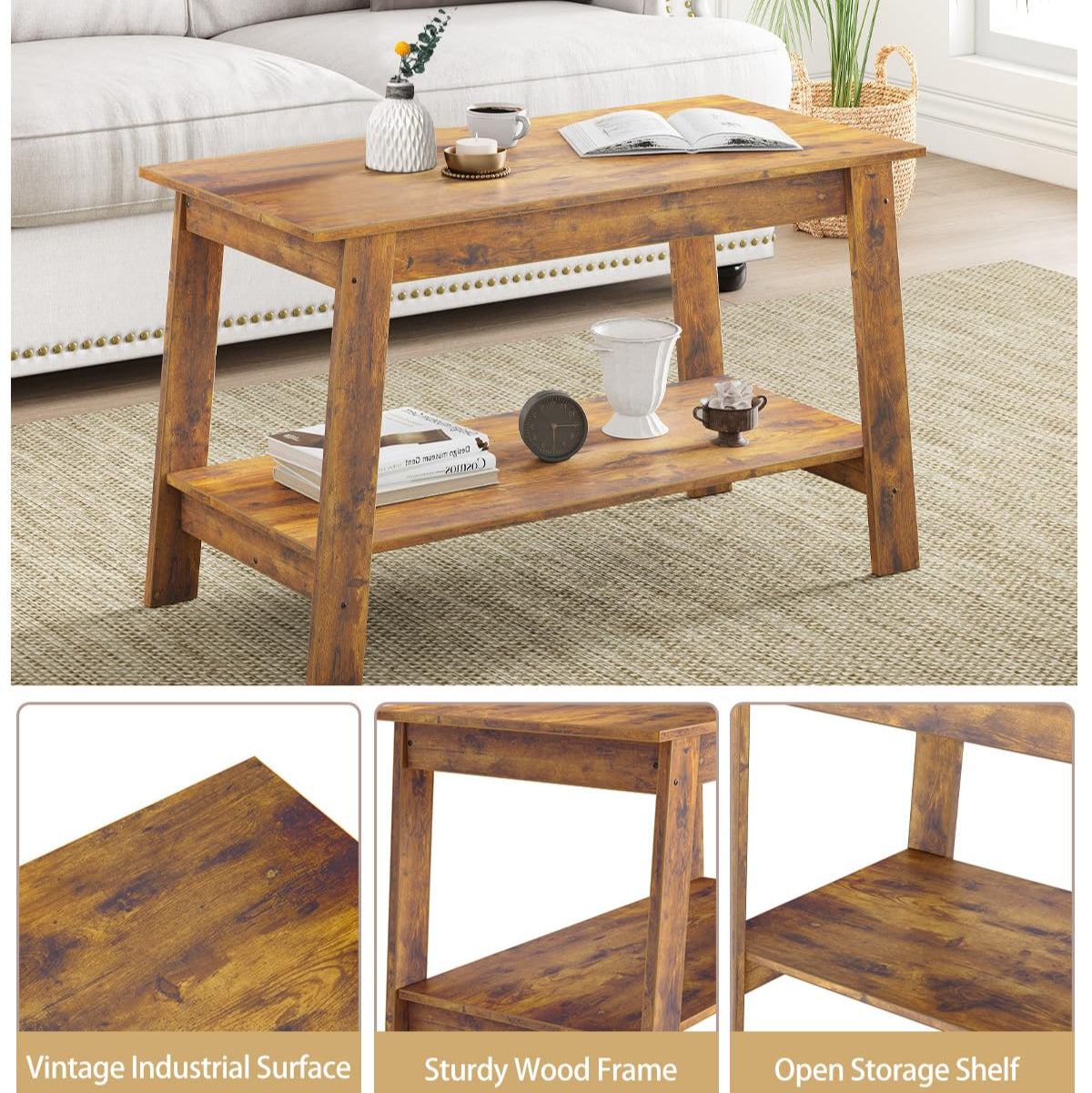 Garvee Coffee Table, 31.49'' Small Living Room Tables, 2-Tier Rustic Coffee Table for Living Room, Modern Farmhouse Style Rectangular Wood Table for Outdoors, Home Office, Bedroom, Apartment, Retro Brown