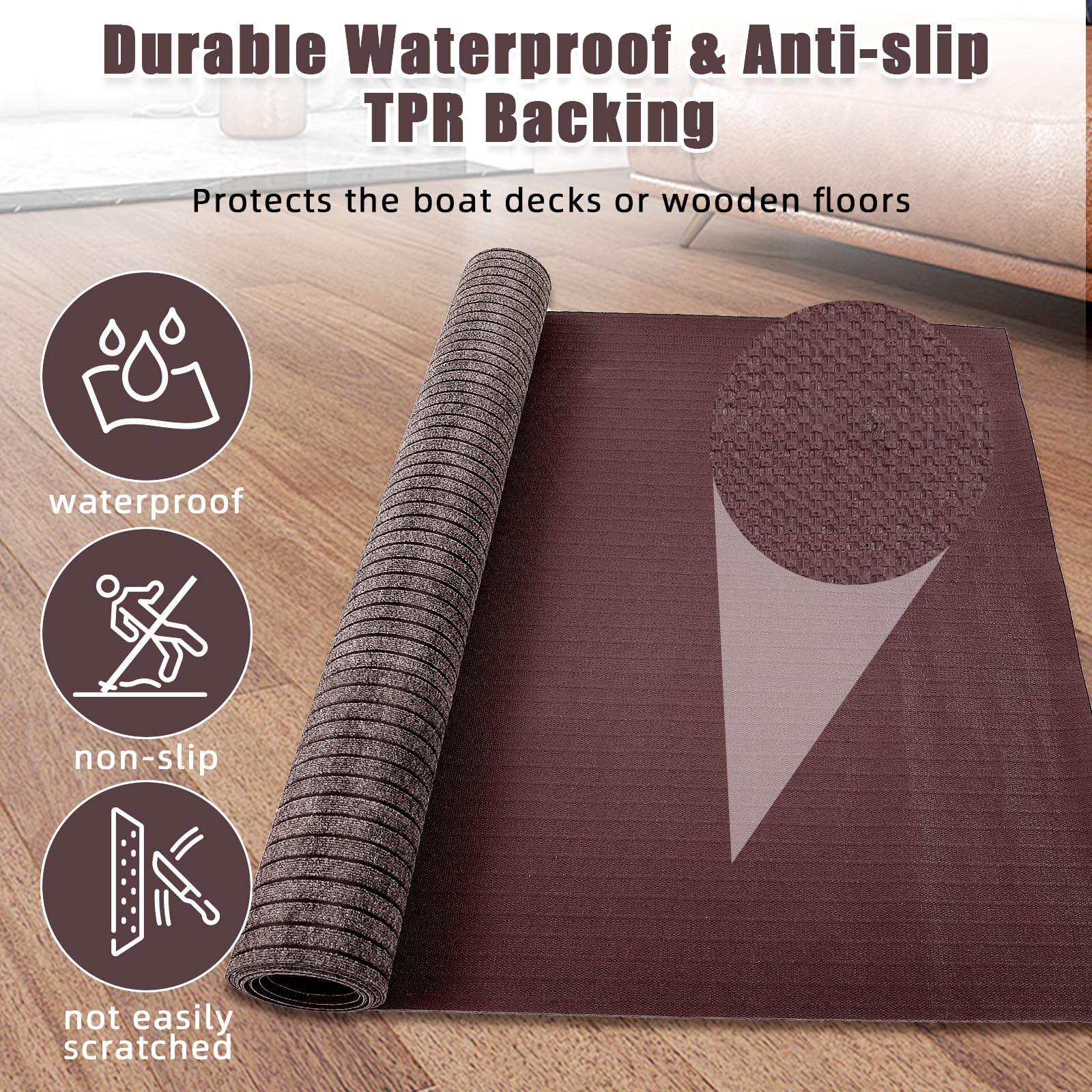 Garvee 6' × 23' Stripe Brown Marine Carpet, Waterproof Indoor/Outdoor Rug with TPR Non-Slip Backing for Boat, Patio Deck, Camping, and Outdoor Use