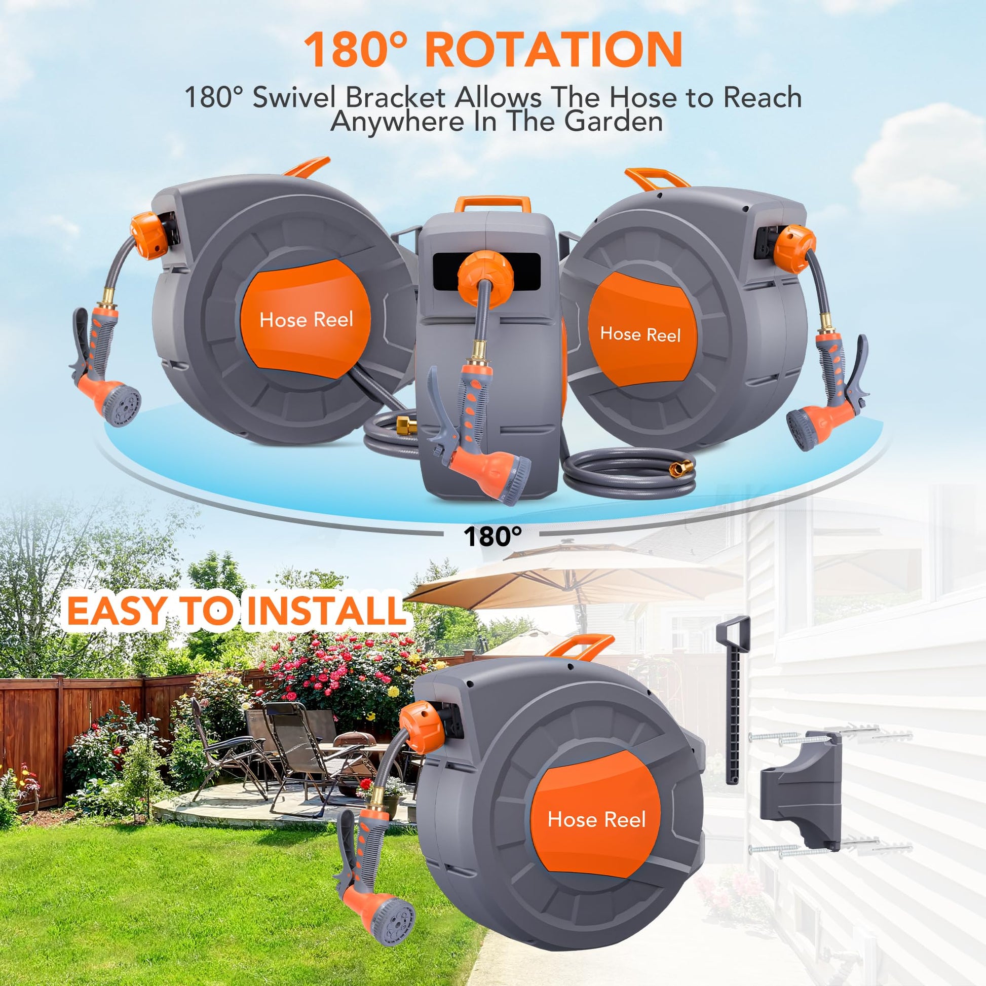 Garvee 1/2 in × 100 ft Retractable Garden Hose Reel, Wall Mount Auto Rewind, 9-Pattern Nozzle