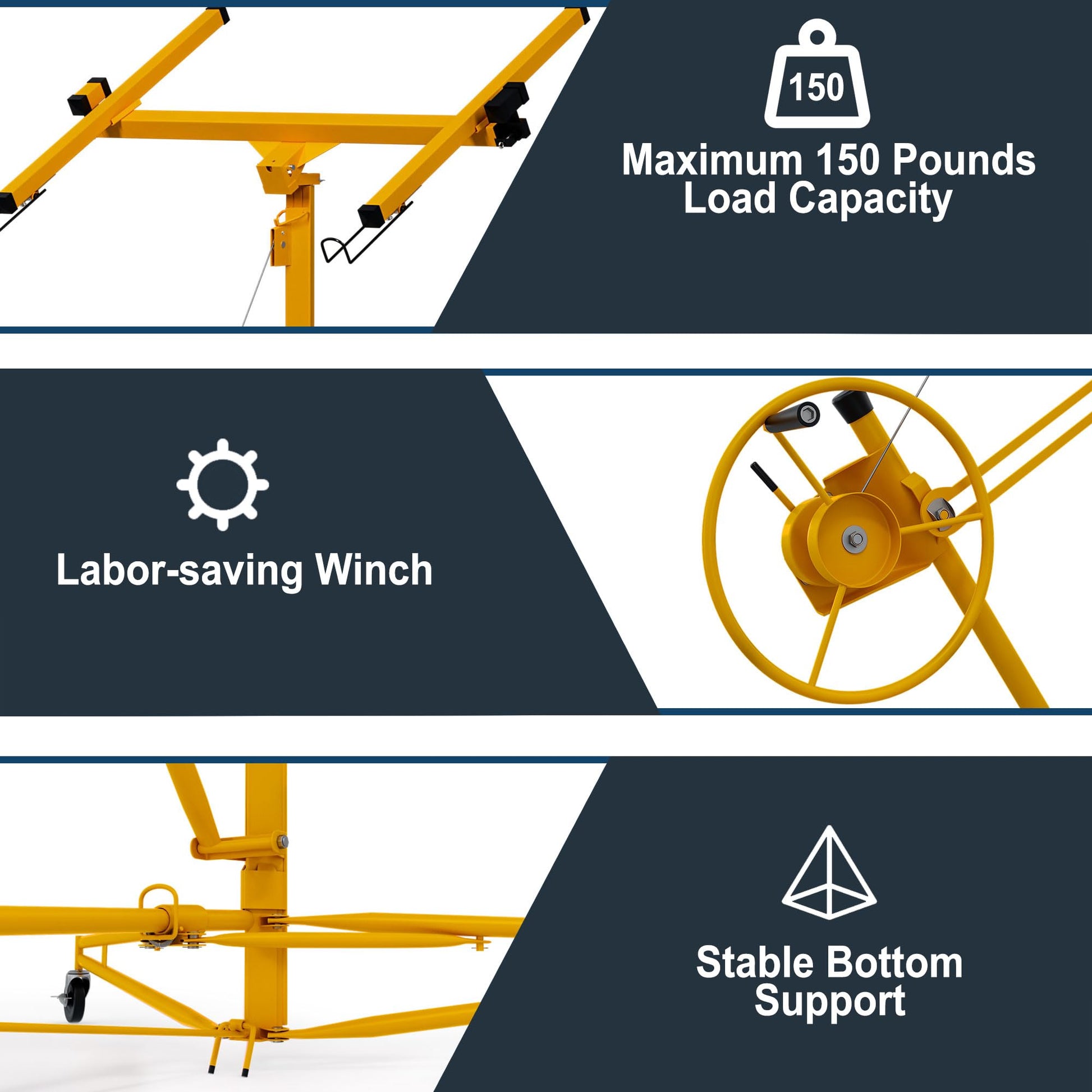 Garvee 11ft Drywall Lift 150-LB Capacity Yellow – 360° Adjustable Telescopic Arm & Locking Wheels for Sheetrock, Panel Hoist