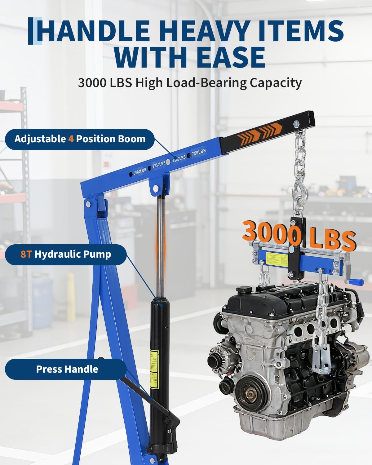 Garvee Portable Hydraulic Engine Hoist, 1.5 Ton (3000 LBS) Capacity Shop Crane with Telescopic Boom & 4 Swivel Casters, Cherry Picker Lift for Home Garage, Auto Repair, and Warehouse Use, Heavy-Duty, Blue