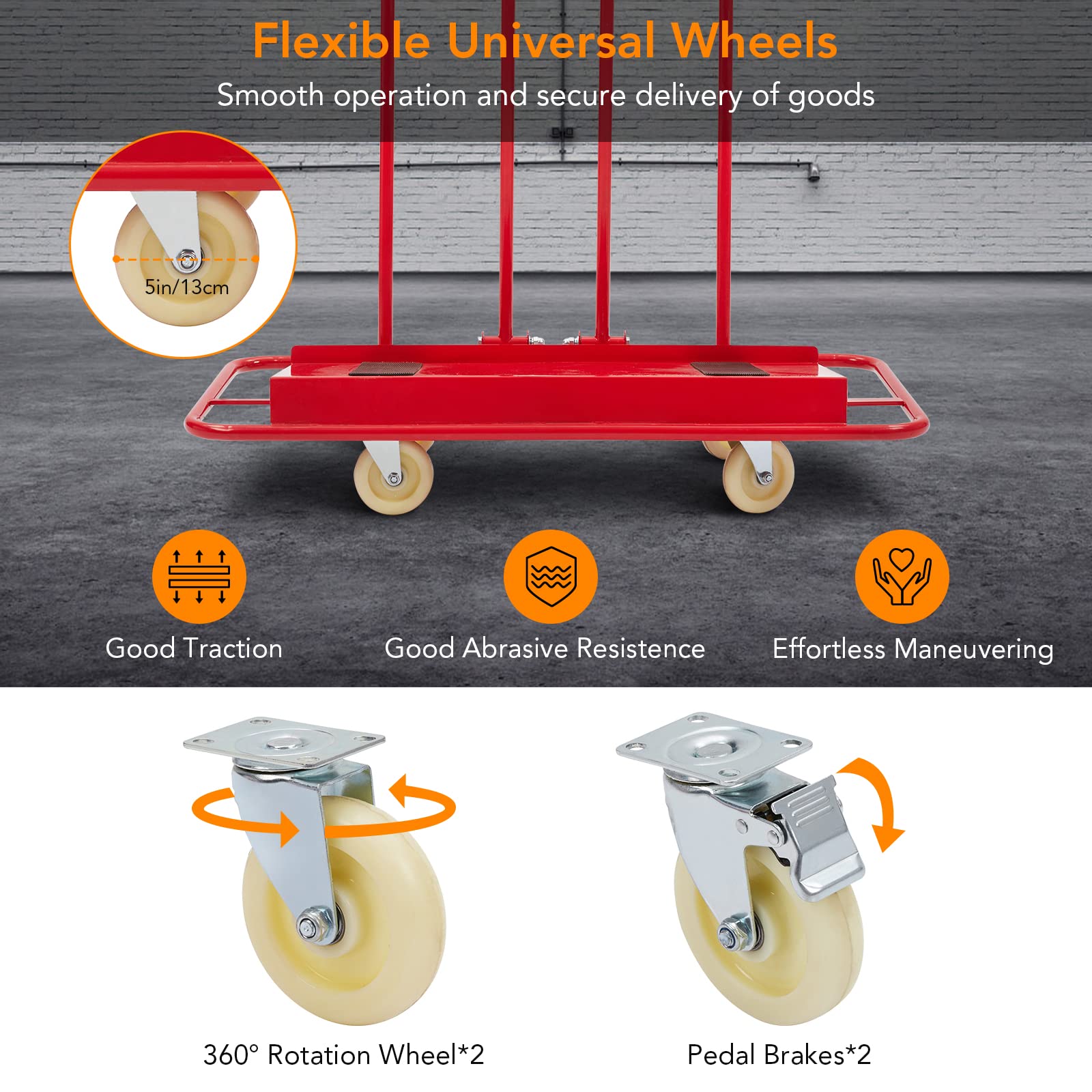 Garvee 1600Lbs Heavy Duty Drywall Cart, Swivel Casters, Red