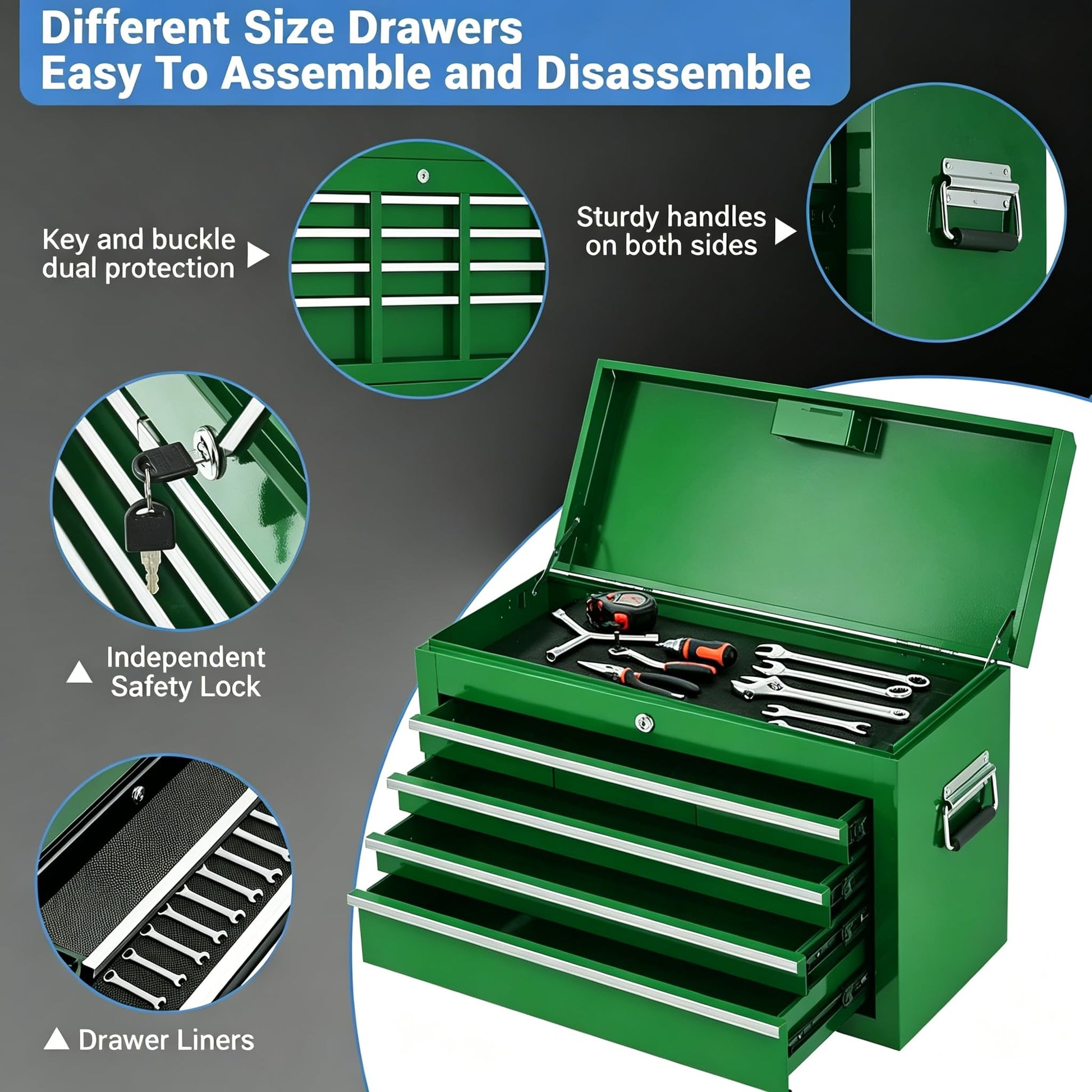 Garvee 20 Inch Heavy-Duty Tool Chest with 5 Drawers, Rolling Tool Box Cabinet on Wheels, 2-in-1 Detachable Tool Storage Organizer for Garage, Workshop, and Home Improvement, Locking Steel Tool Cart with Top Tool Box, Green