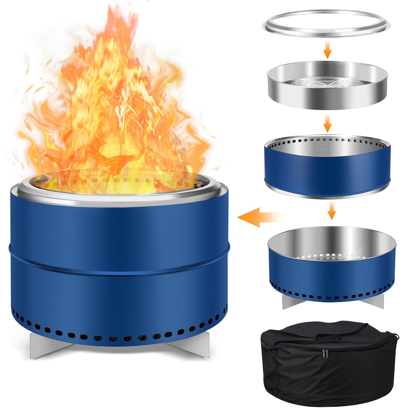 Garvee 27 Inch Portable Smokeless Firepit with Stand, Bonfire Wood Burning Fire Pit for Camping & Picnic Outside, Stainless Steel Large Fire Pit with Carry Bag, Split Structure