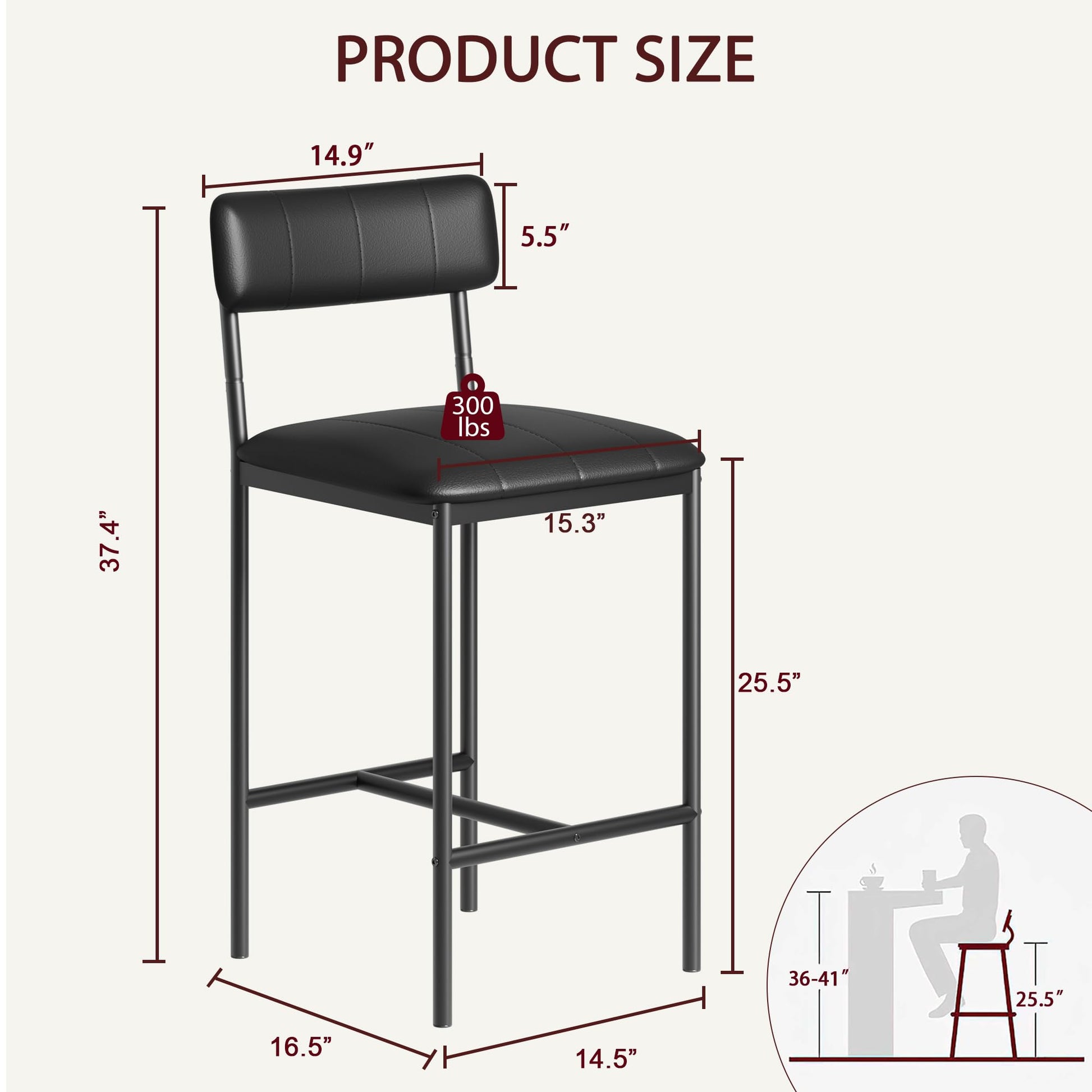 Garvee Counter Height Bar Stools Set of 2, Classic Barstools with PU Leather, Footrest, Ergonomic Soft Backrest, Easy Assembly, Ideal for Kitchen Island, Black