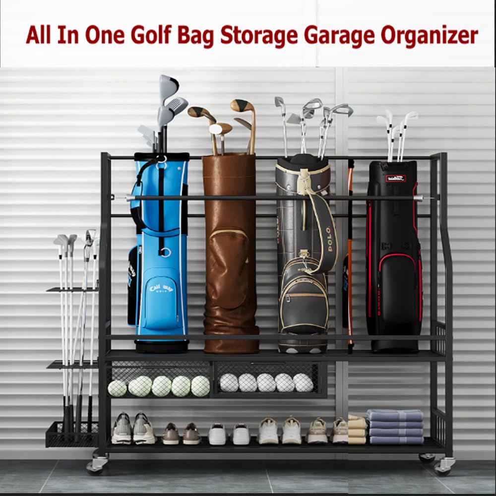 Garvee Golf Bag Storage Garage Organizer,Golf Bag Storage Rack w/Drawer for Golfing Bags, Clubs, Balls, Gadgets, Accessories & Equipment,Golf Bag Stand w/Wheels for Home, Golf Course