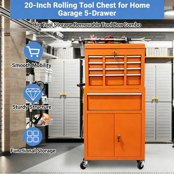 Garvee 20 Inch Heavy-Duty Tool Chest with 5 Drawers, Rolling Tool Box Cabinet on Wheels, 2-in-1 Detachable Tool Storage Organizer for Garage, Workshop, and Home Improvement, Locking Steel Tool Cart with Top Tool Box, Orange