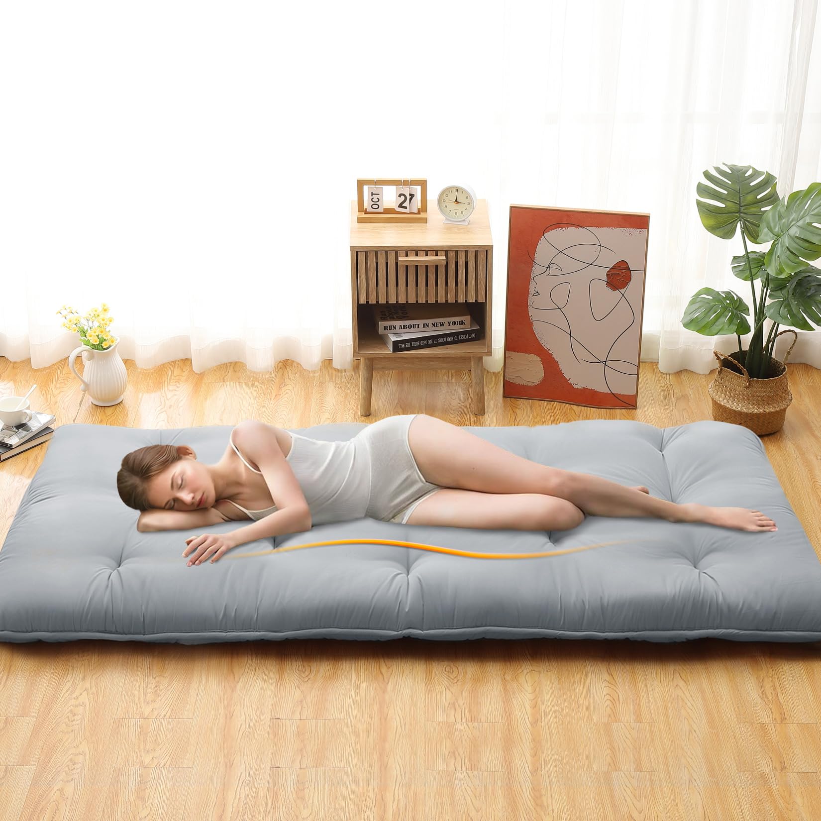 Garvee Futon Mattress Japanese Floor Mattress, Twin Size Tatami Mattress Kids Sleeping Mat for Dormitory, Roll Up Mattress Japanese Floor Mat for Sleep, Easy to Store, Light Grey