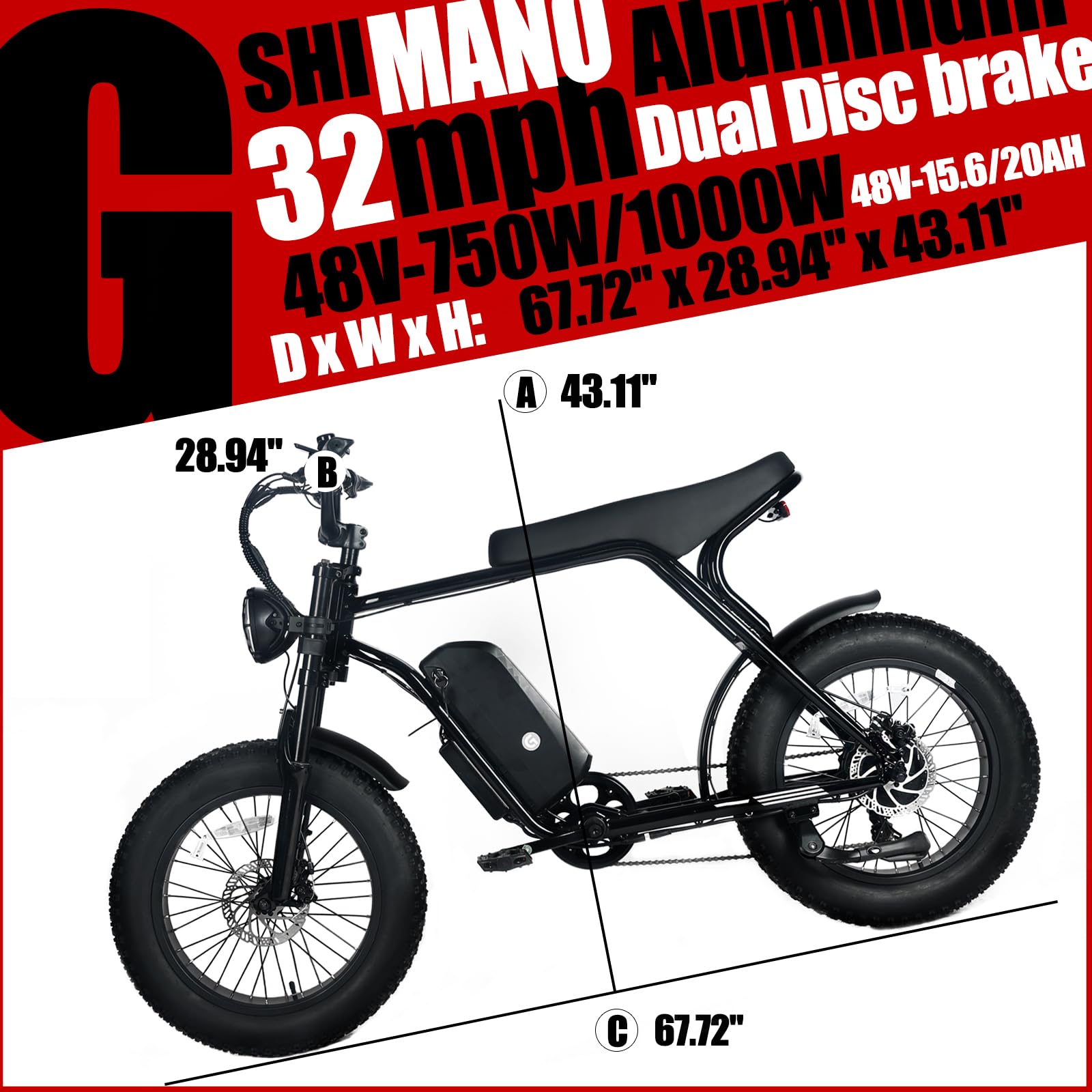 Garvee Electric Mountain Bike for Adults | 20" x 4.0 Fat Tires, 1000W Motor, 48V 20Ah Removable Battery, Max Speed 20MPH, Shi Mano 7-Speed for Off-Road Adventures