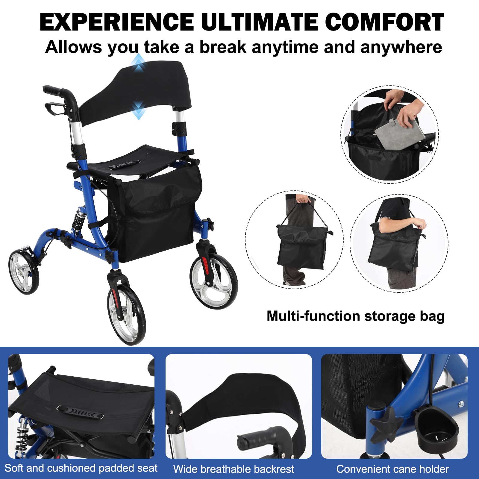 Garvee Rollator Walker for Seniors with Seat & Storage Bag, Shock Absorber, 10" & 8" All-Terrain Rubber Wheels, Lightweight Aluminum Foldable Walker with Backrest, Adjustable Height 34-40", Blue