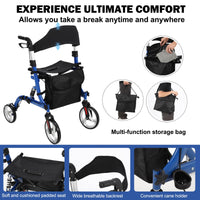 Garvee Rollator Walker for Seniors with Seat & Storage Bag, Shock Absorber, 10" & 8" All-Terrain Rubber Wheels, Lightweight Aluminum Foldable Walker with Backrest, Adjustable Height 34-40", Blue