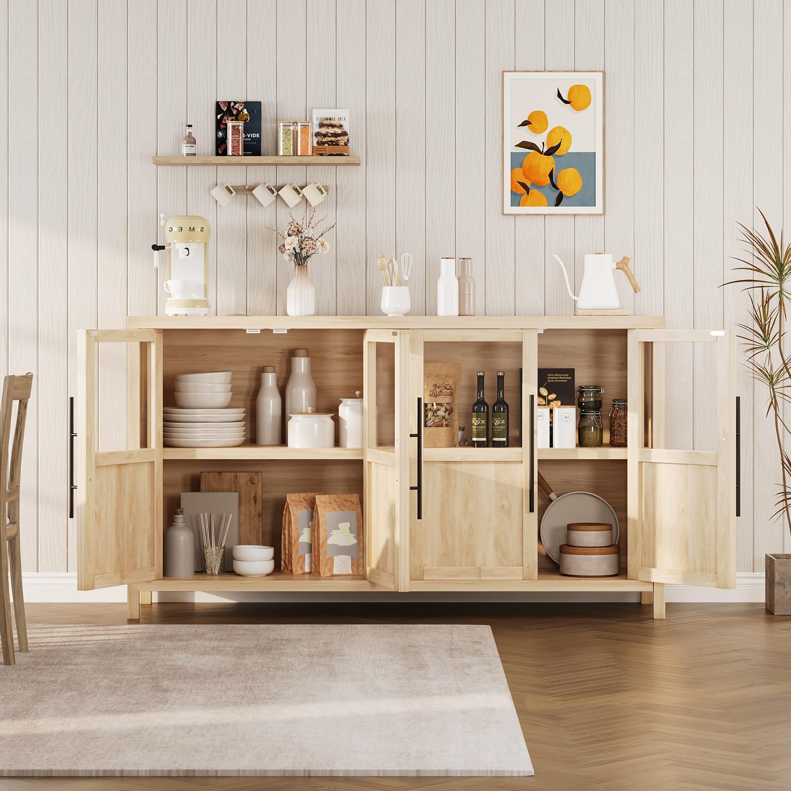 Garvee Sideboard Buffet Cabinet with 4 Glass Doors, 55" Large Buffet Cabinet with Storage, Modern Farmhouse Storage Cabinet Table for Kitchen Dining Room, Living Room, Natural
