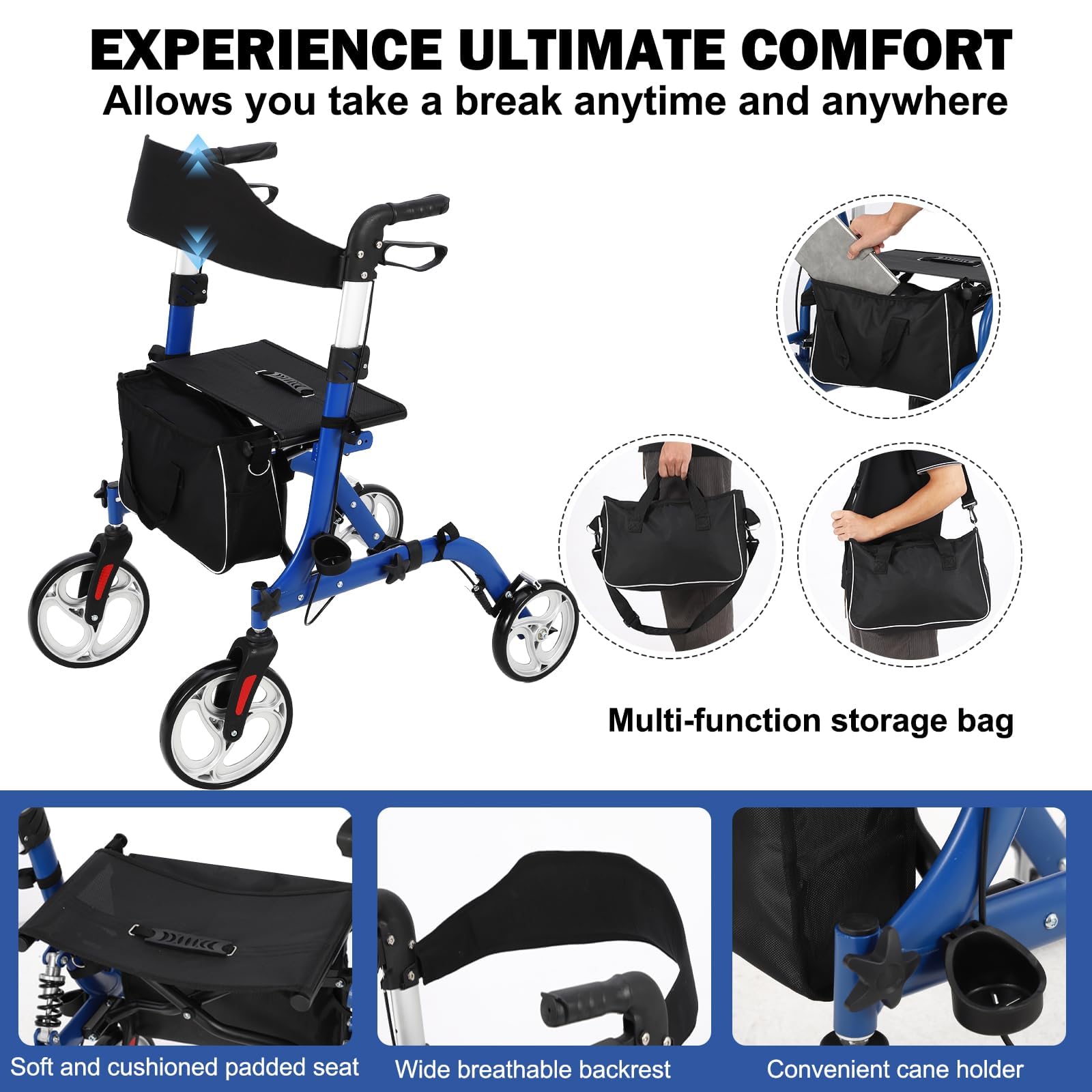 Garvee 2-in-1 Folding Walker & Transport Chair, 300lbs Capacity All-Terrain Rollator with Dual Brake System & Storage Bag, Lightweight Aluminum Frame for Seniors, Shopping, Outdoor Usea
