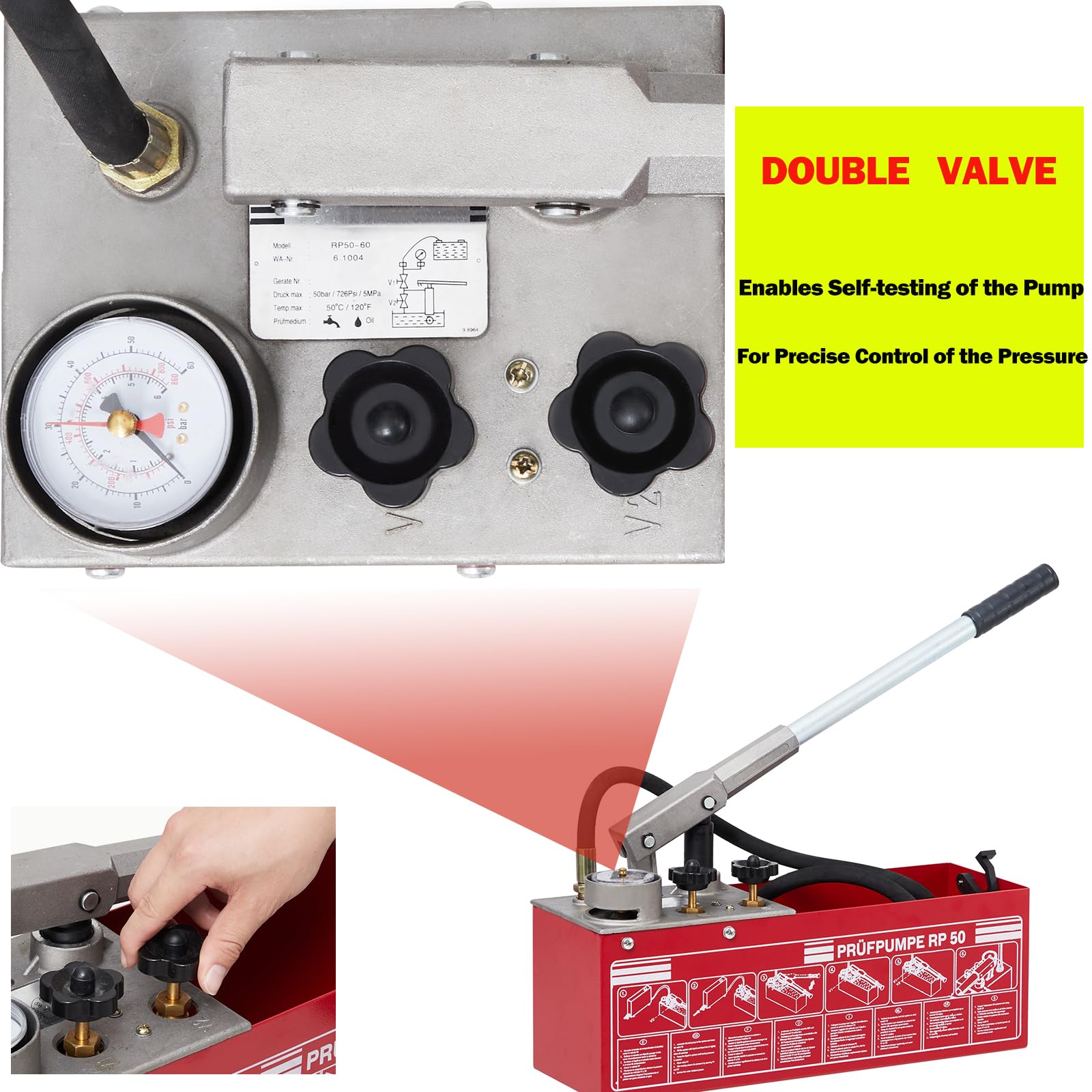 Garvee 50 Bar Hydrostatic Pressure Test Pump, 3.2 Gallon Tank, 726 psi Hydraulic Manual Water Pressure Tester Kit for Pipeline Fluid Pressure Testing