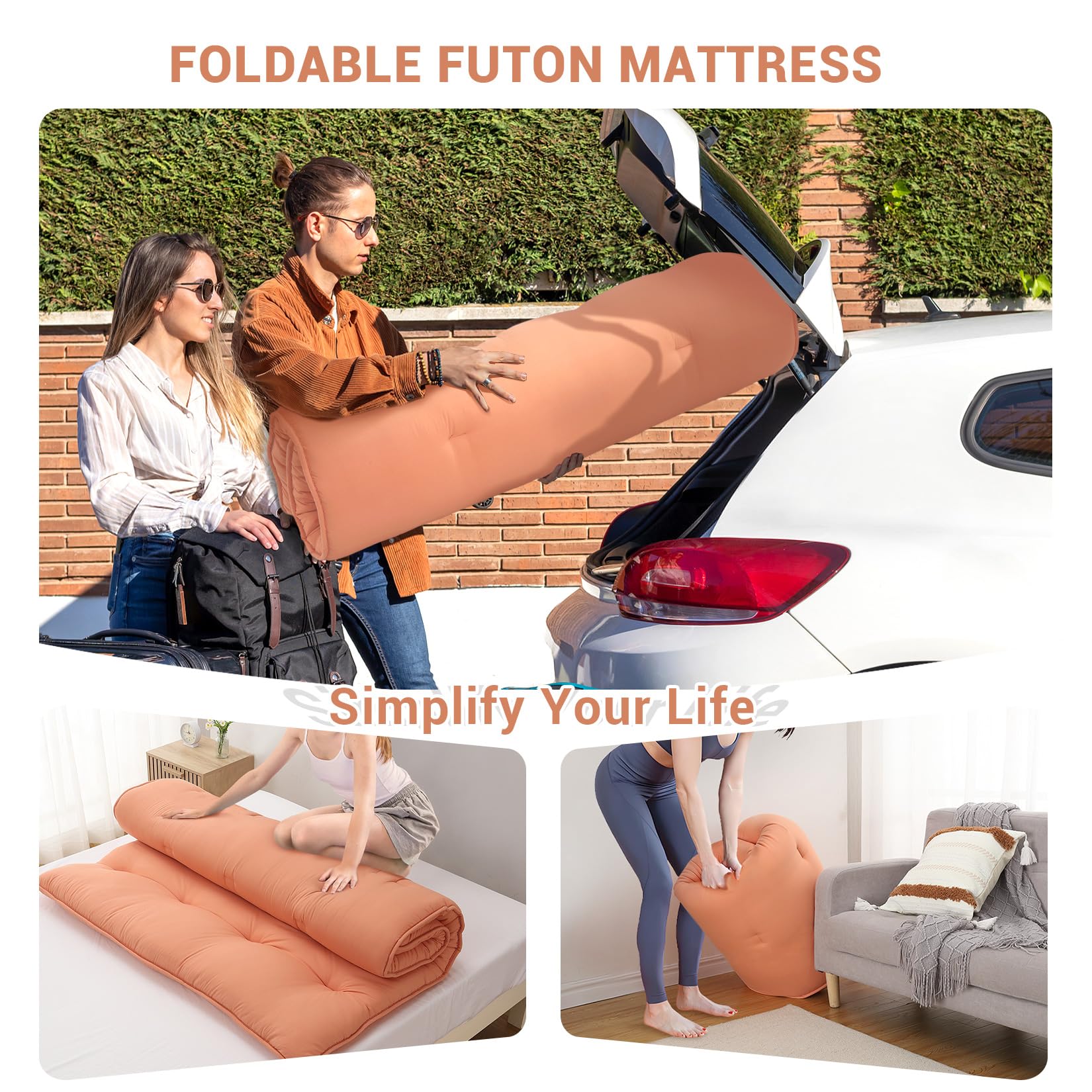 Garvee Japanese Futon Floor Mattress, Futon Mattress Full Size Foldable Floor Bed Mattress, Tatami Mat for House Guest Dorm Roll Up Sleeping Floor Mattress, Coral