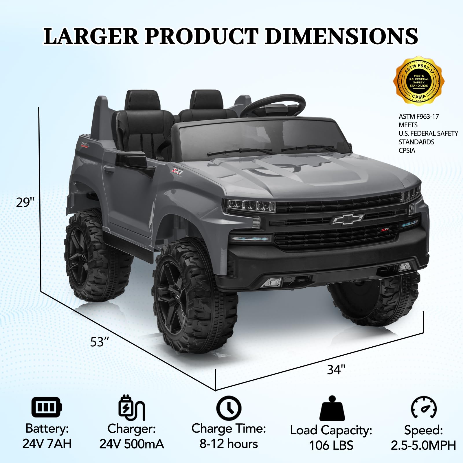 Garvee Ride - P Series: 24V 2-Seater Ride On Car For Kids For 3 - 8 years, Licensed Chevrolet Silverado - Grey