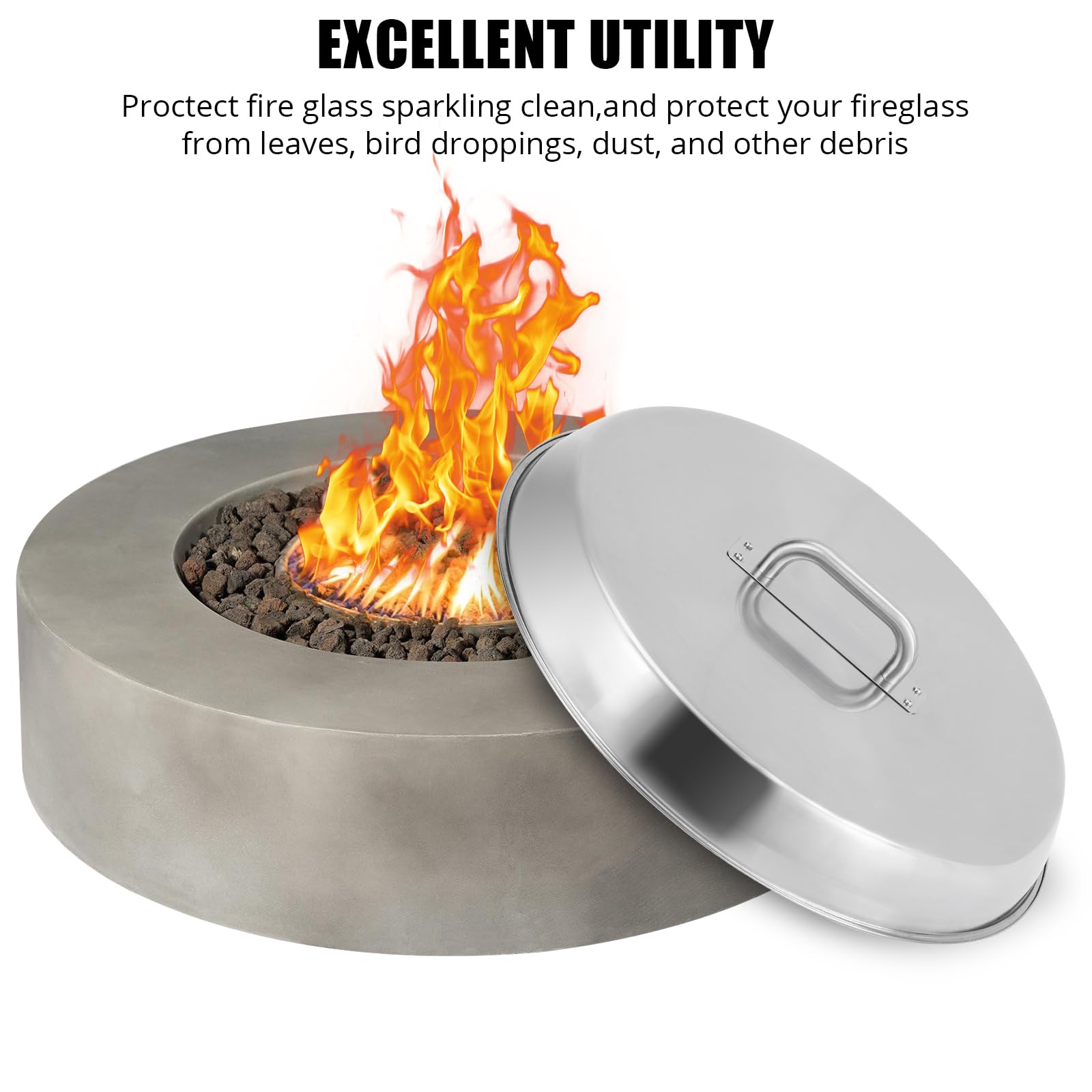 Garvee Fire Pit Cover – 27" Round Stainless Steel with Handle, Compatible with Bonfire, Inset Fire Pit Lid, Outdoor Patio Camping, Silver