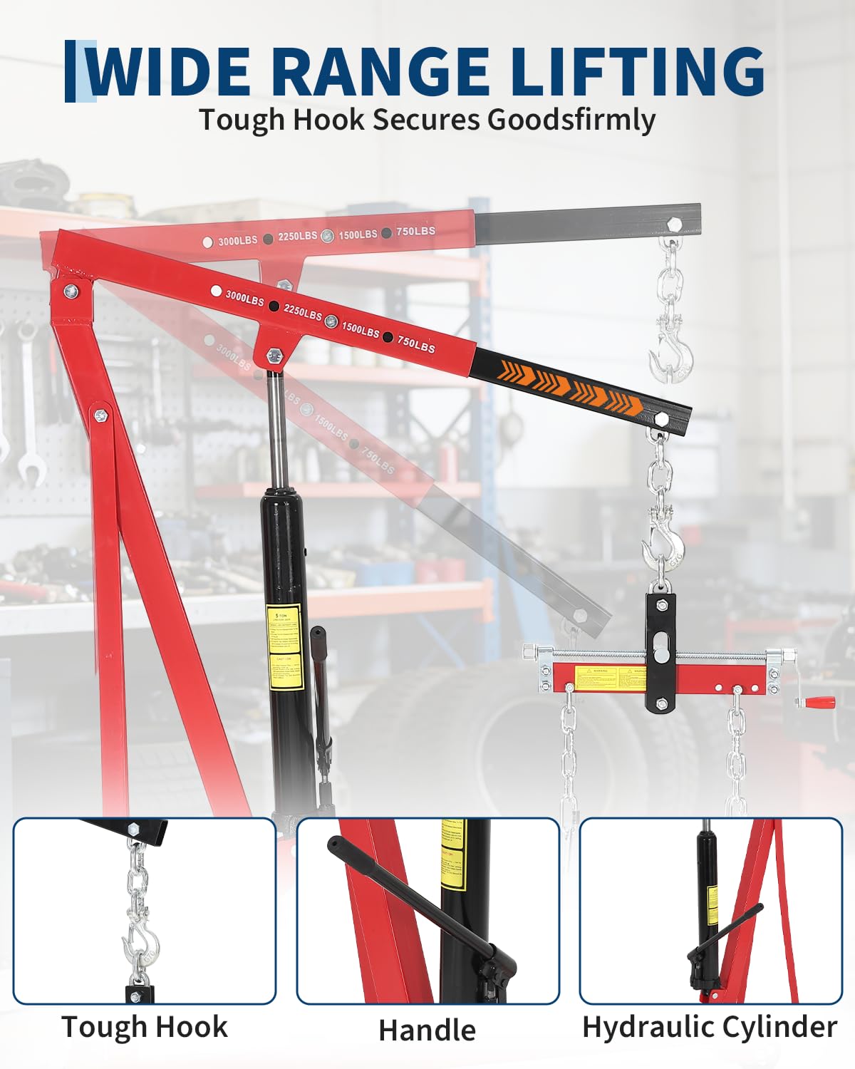 Garvee 3000 LBS Hydraulic Engine Hoist with Lever, 1.5-Ton Telescoping Boom Shop Crane with 4 Heavy-Duty Casters, Garage & Warehouse Cherry Picker for Automotive, Machinery, and Equipment Lifting, Red