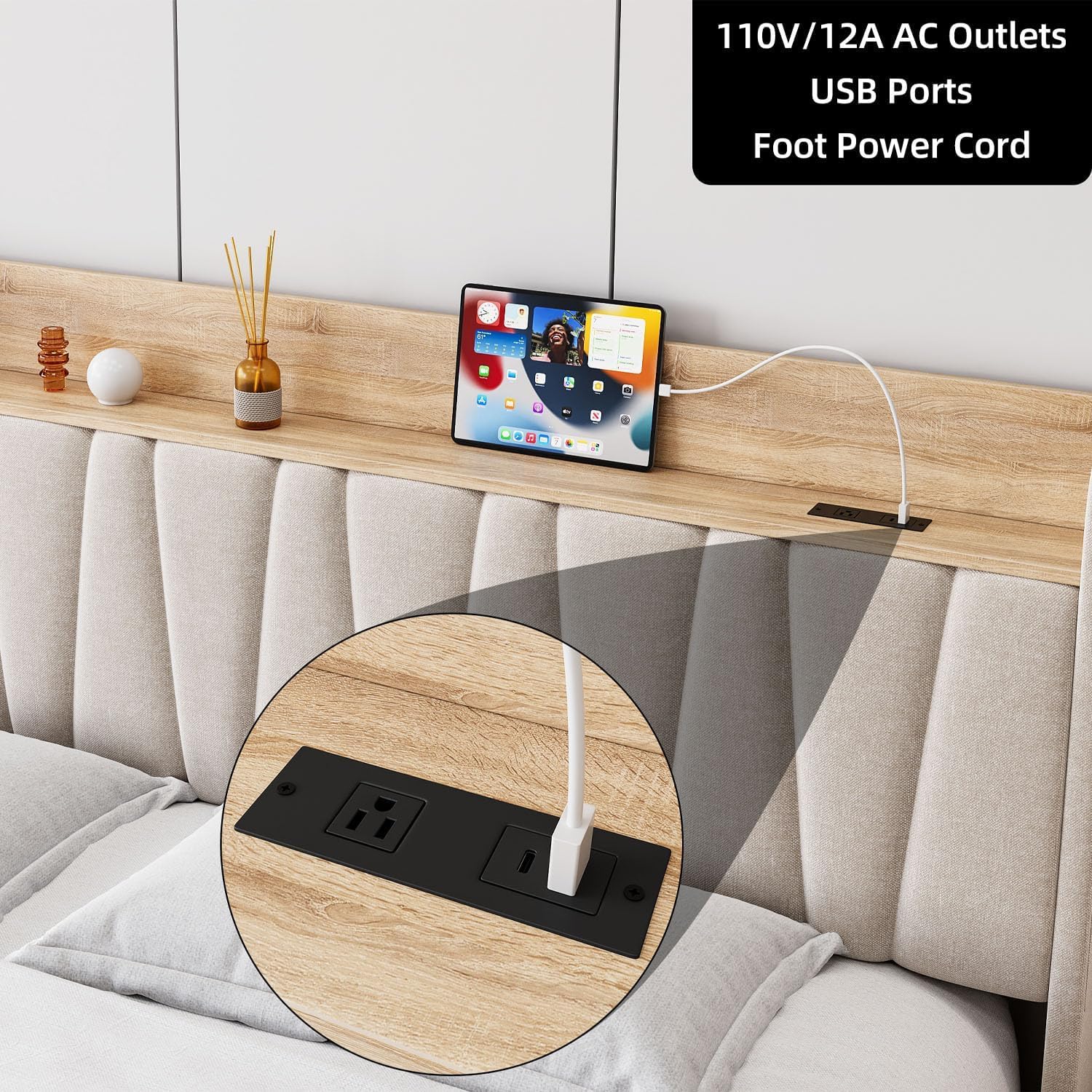 Garvee King Size Bed Frame with Storage Headboard and Charging Station, Upholstered Platform Bed Frame with Drawer, Mattress Foundation with Solid Wooden Slats Support, No Box Spring Needed, Beige