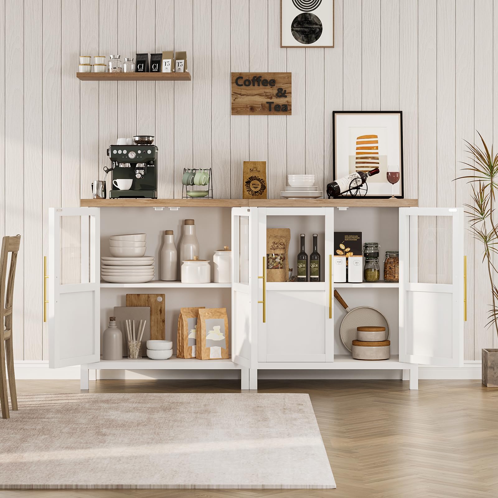 Garvee Sideboard Buffet Cabinet with 2 Glass Doors, 29" Large Buffet Cabinet with Storage, Modern Farmhouse Storage Cabinet Table for Kitchen Dining Room, Living Room (Glass with 2 Door, White)