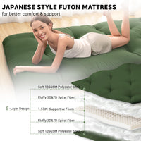 Garvee Japanese Futon Floor Mattress, Twin Size Futon Mattress Foldable Floor Bed Mattress, Roll Up Portable Sleeping Floor Mattress, Tatami Mat Kids Floor Play Mat, Army Green