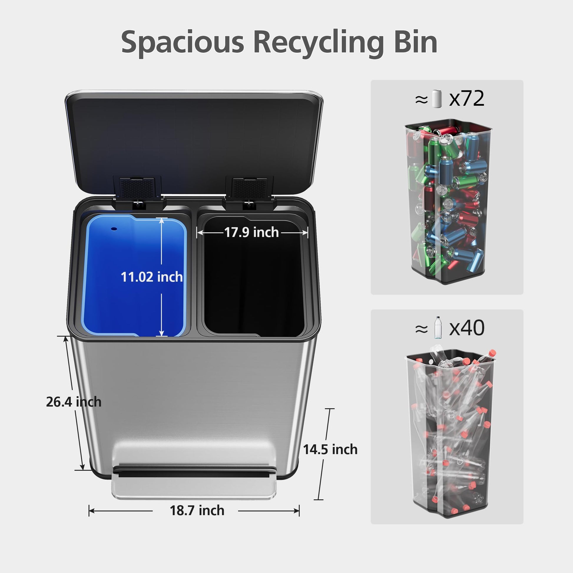 Garvee 16 Gallon Stainless Steel Dual Trash Can with Removable Baskets for Kitchen and Living Room, Silver