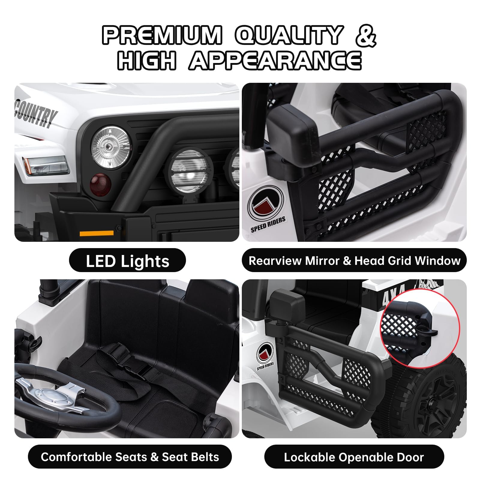 Garvee Ride - P Series: 12V Kids Ride On Truck Car w/Parent Remote Control, Spring Suspension, Led Lights,3 Speed Adjustable, Kids Gift for Boys and Girls - White