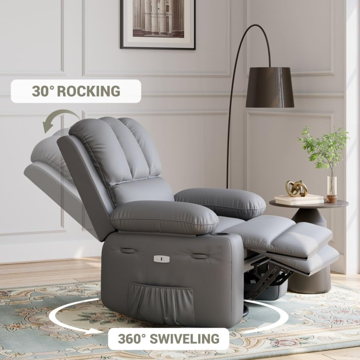 Garvee Oversized 27" Recliner Chairs with Heat and Massage, 360° Swivel Lazy Boy Recliner Chair for Adults, Manual Rocking Chair with Cup Holder for Living Rooms, Bedrooms and Nurseries, Gray